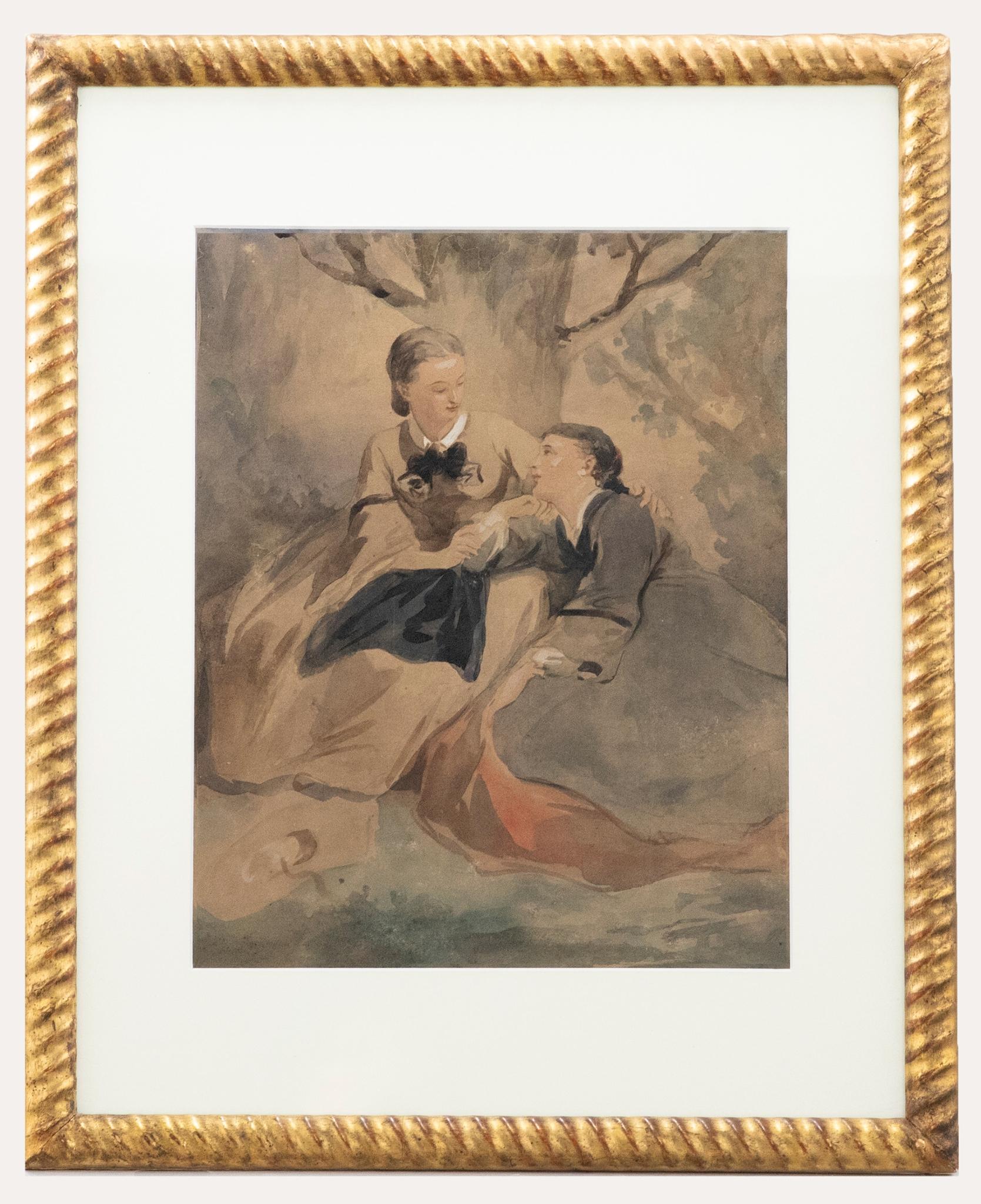 Unknown Figurative Art - Framed 19th Century Watercolour - Consoling Sisters