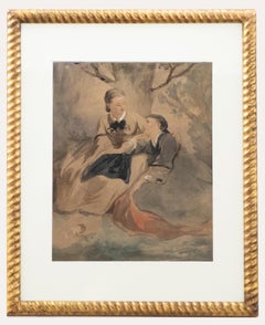 Antique Framed 19th Century Watercolour - Consoling Sisters