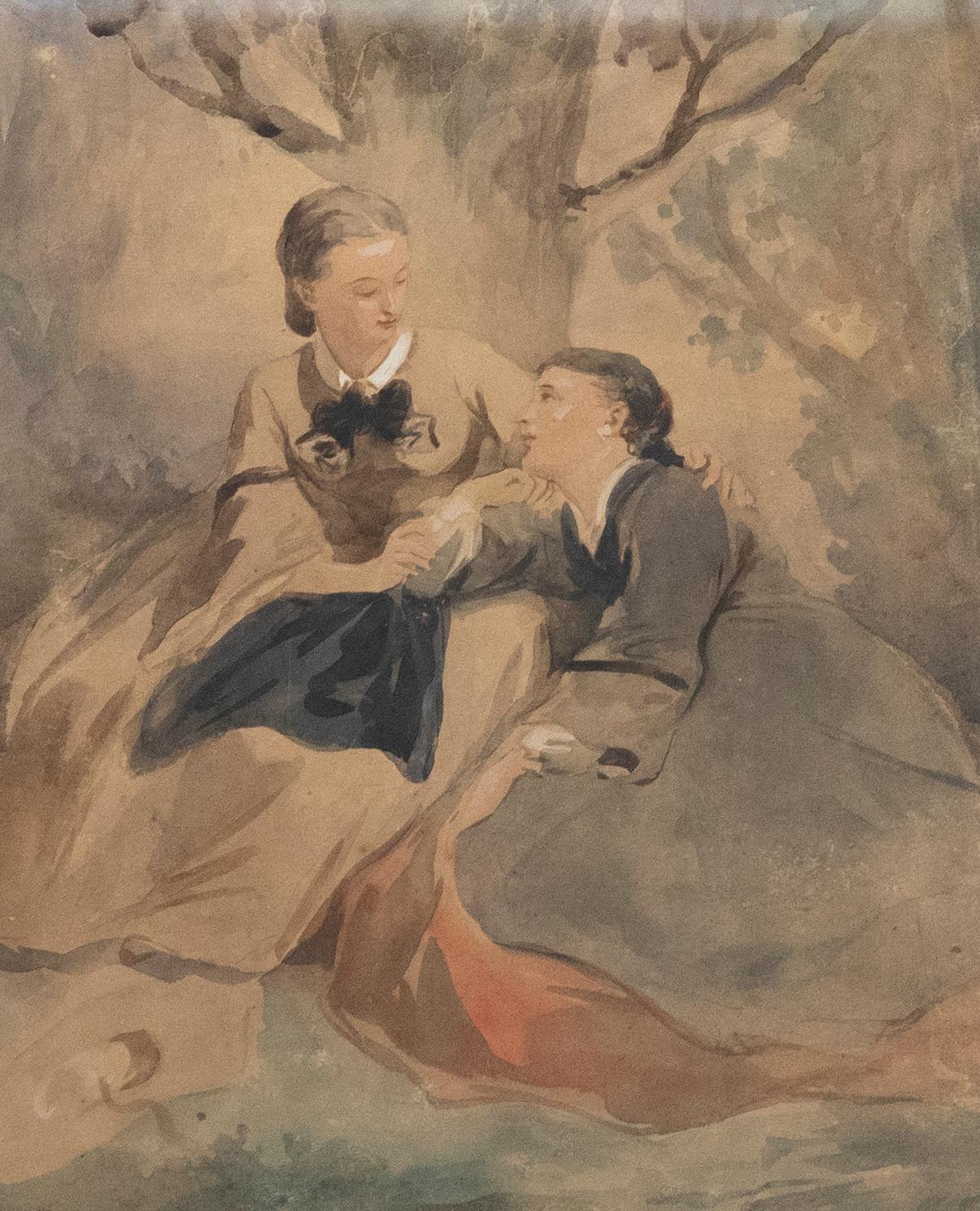 Framed 19th Century Watercolour - Consoling Sisters - Art by Unknown