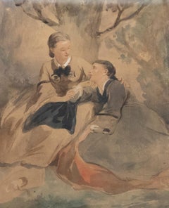 Framed 19th Century Watercolour - Consoling Sisters
