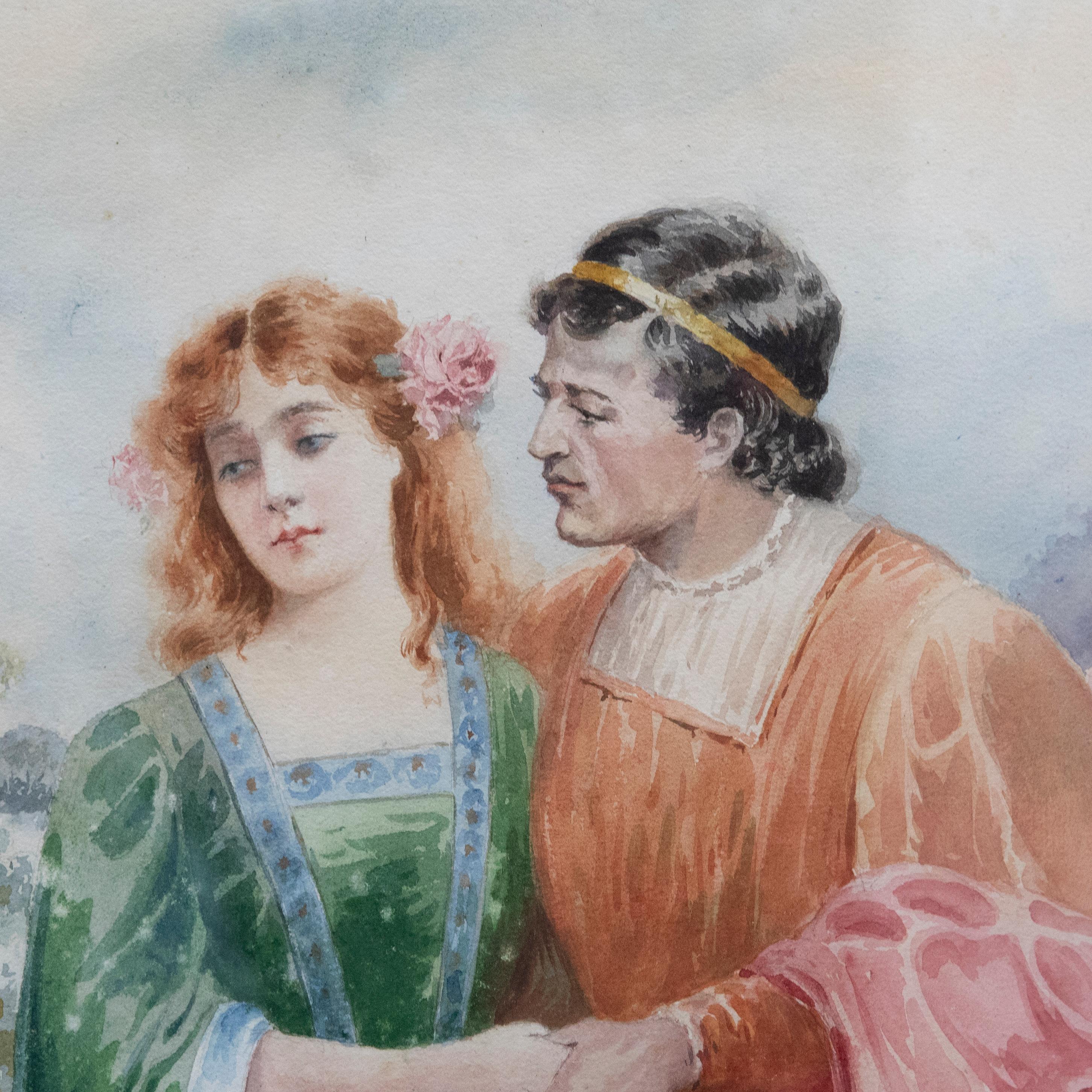 A charming watercolour scene depicting a classically dressed couple in a summer garden. Inscribed to the lower border 'Lay thy sweet hands in mine, and trust to me' in a ribbon banner. Signed with initials to the lower right. Presented in a wooden