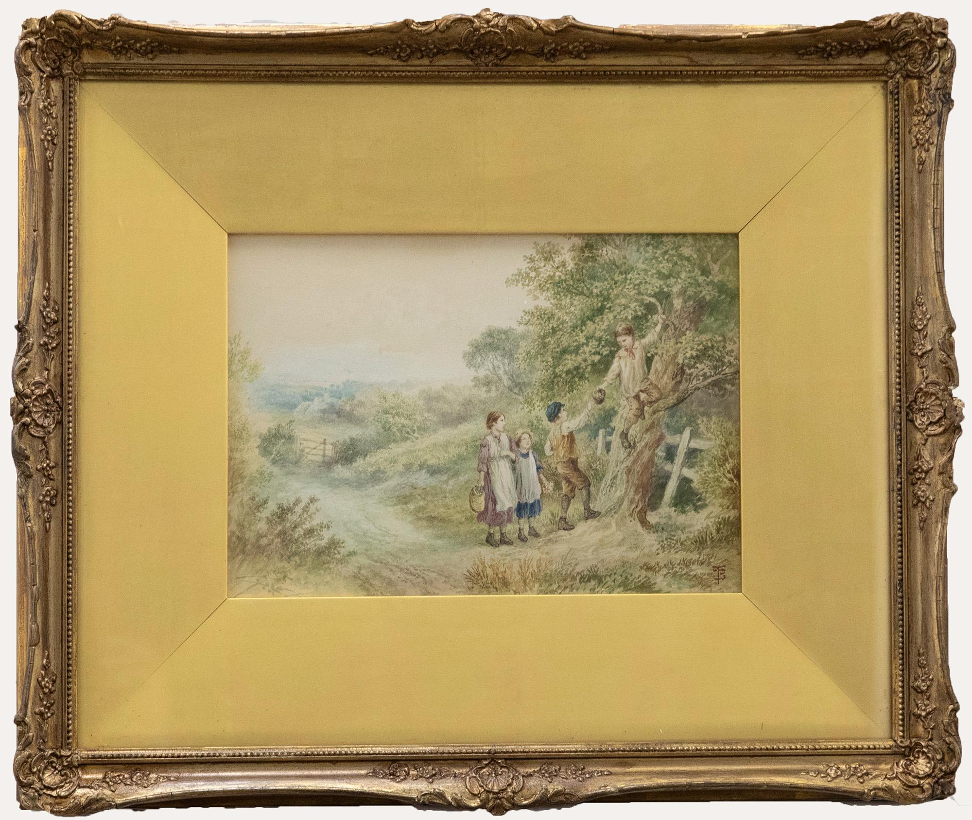A charming watercolour study in the style of British artist Myles Birket Foster RWS. The scene depicts a group of children snatching eggs from a wild birds nest. The watercolour has been signed with the artist's monogram to the lower right.