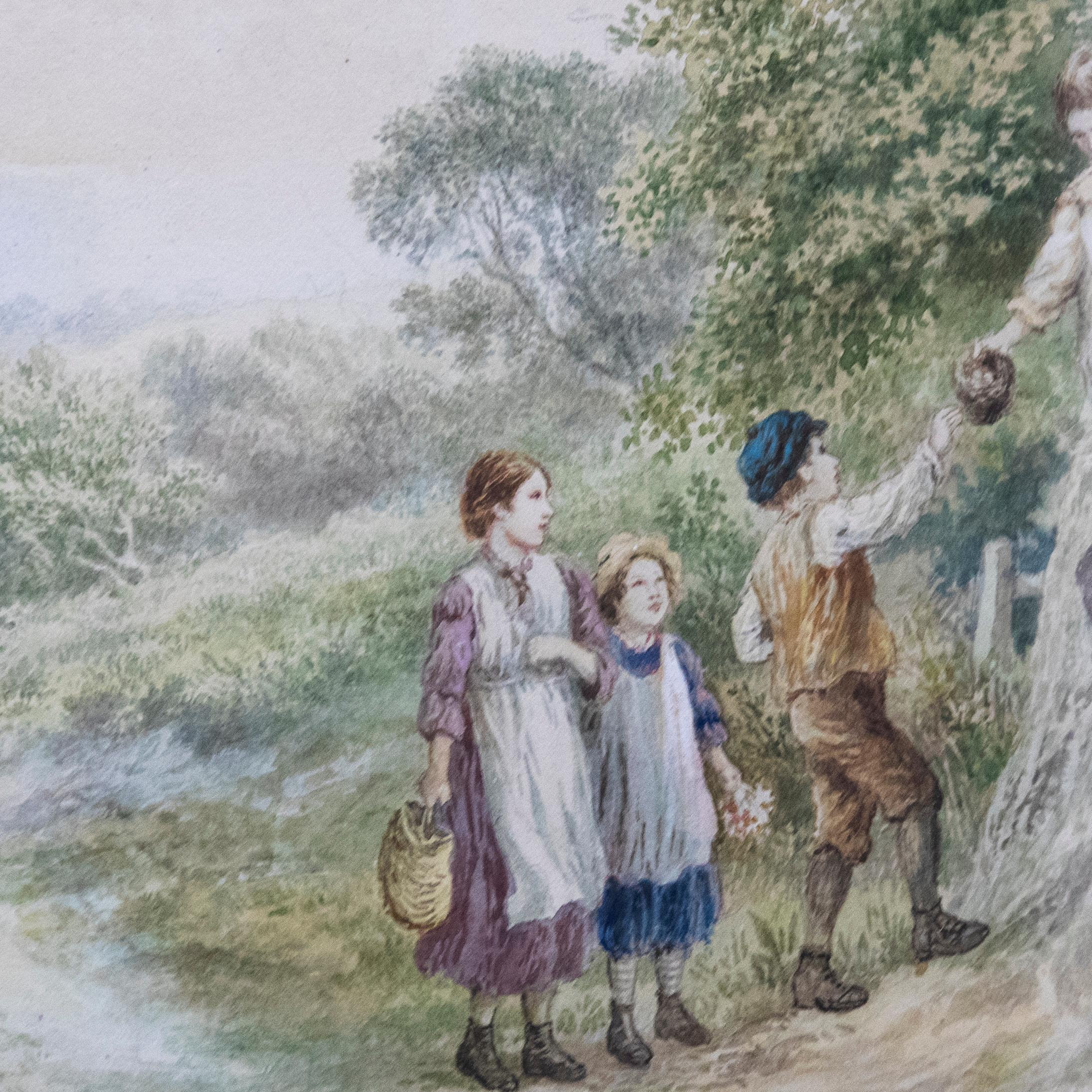 Style of Myles Birket Foster- Early 20th Century Watercolour, The Egg Snatchers For Sale 3