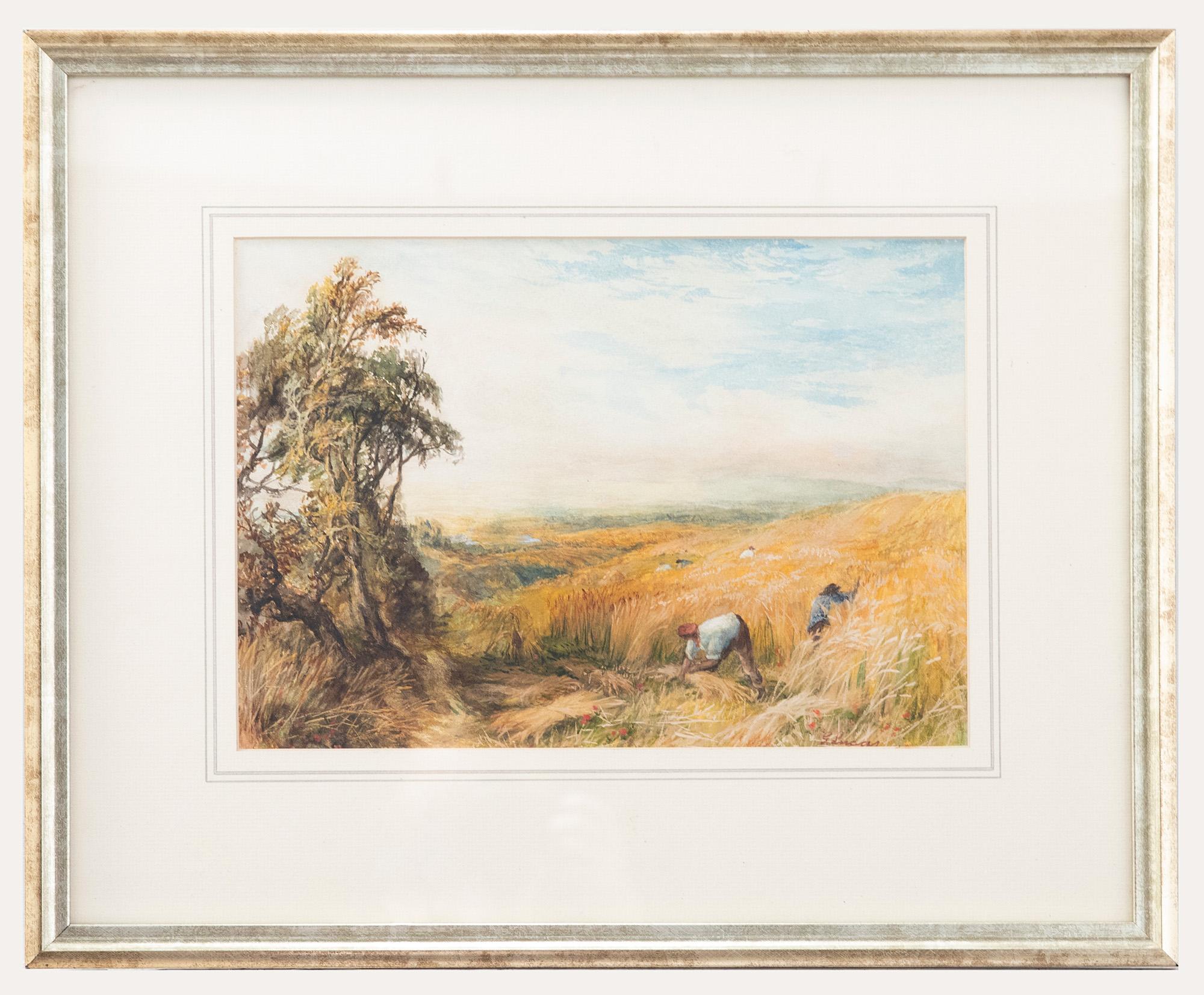 A fine watercolour study depicting workers reaping wheat at harvest time. The worker s gather their crops in the long wheat amongst poppy flowers. The scene looks over a vast valley with rivers flowing into the distance. Signed to the lower right.