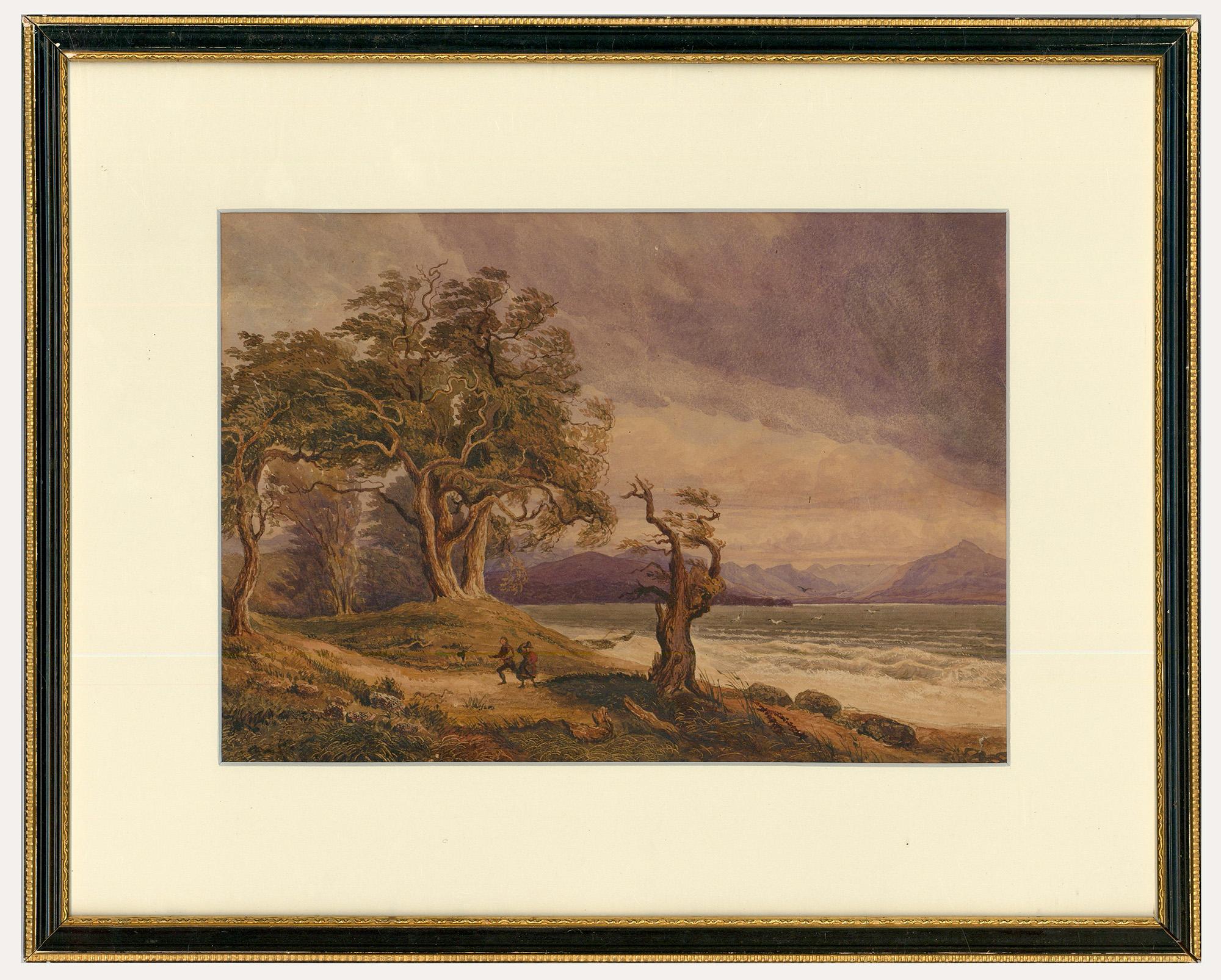 Unknown Landscape Art – Aquarell des frühen 19. Jahrhunderts – Ein windiger Spaziergang am Loch