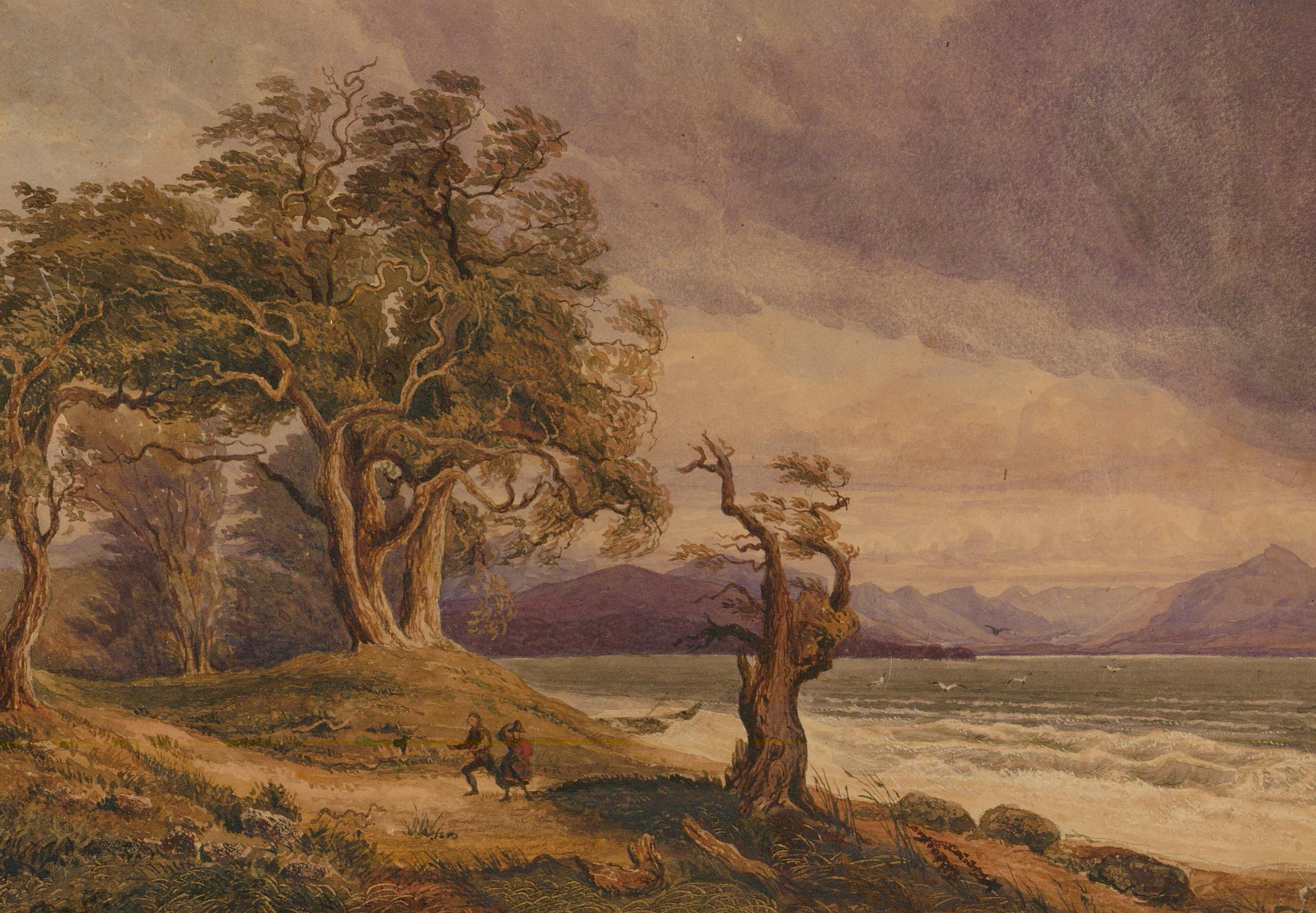 Aquarell des frühen 19. Jahrhunderts – Ein windiger Spaziergang am Loch – Art von Unknown