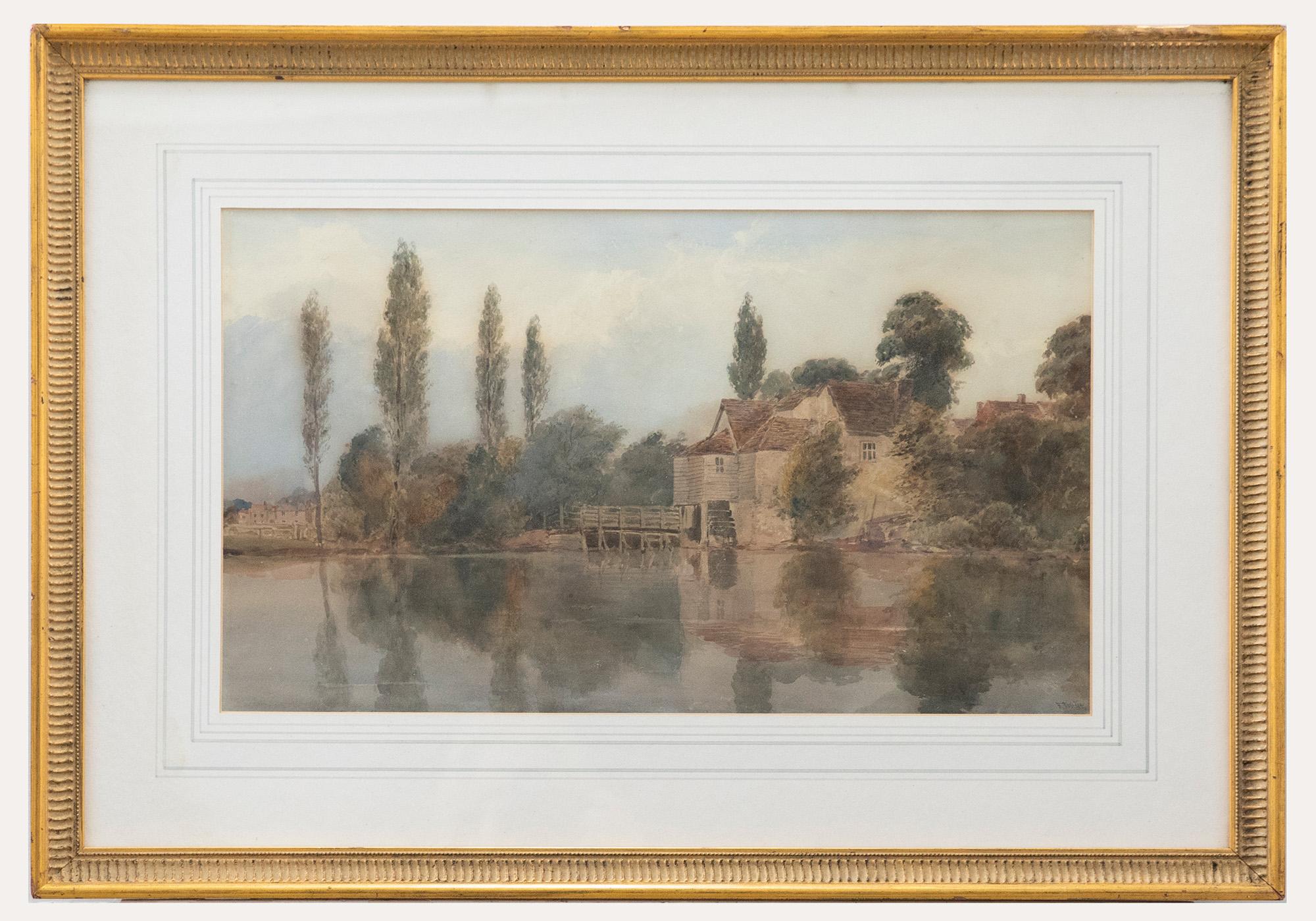 A charming watercolour scene depicting a watermill sat on the verge of a pond. In the distance the houses of a small village can be seen on the horizon. Signed to the lower right. Presented in part gilt frame. On paper.

