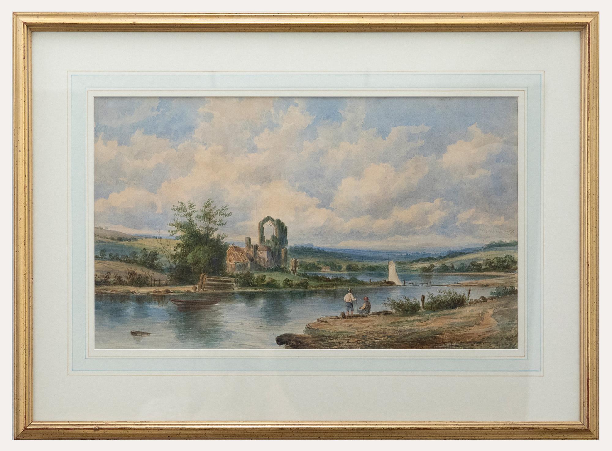 Unknown Landscape Art - Mid 19th Century Watercolour - Fishing by the Abbey Ruins