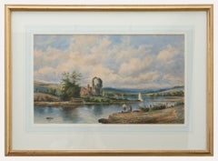 Antique Mid 19th Century Watercolour - Fishing by the Abbey Ruins