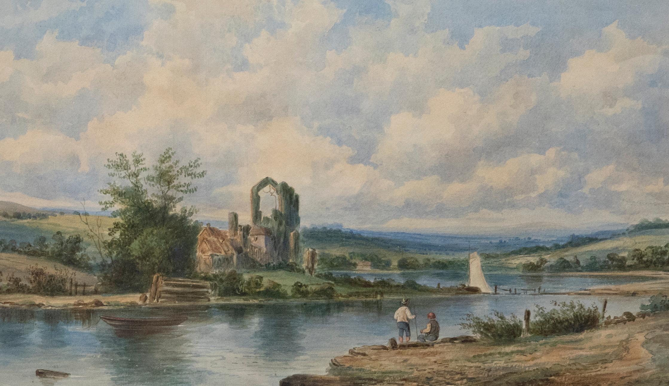 Mid 19th Century Watercolour - Fishing by the Abbey Ruins - Art by Unknown