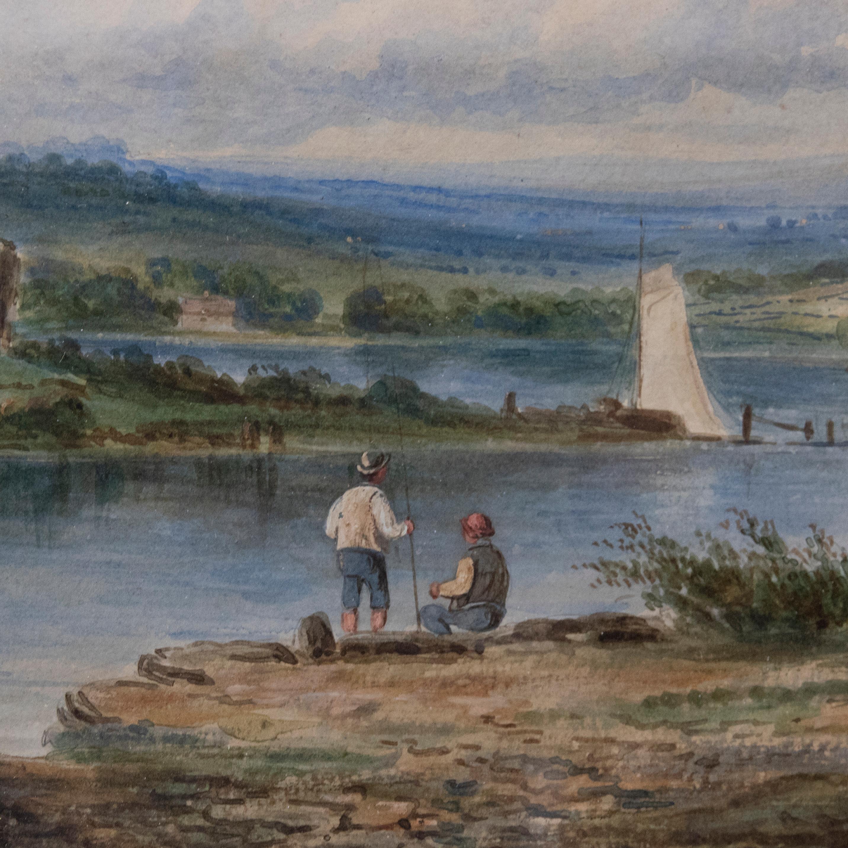Mid 19th Century Watercolour - Fishing by the Abbey Ruins For Sale 1