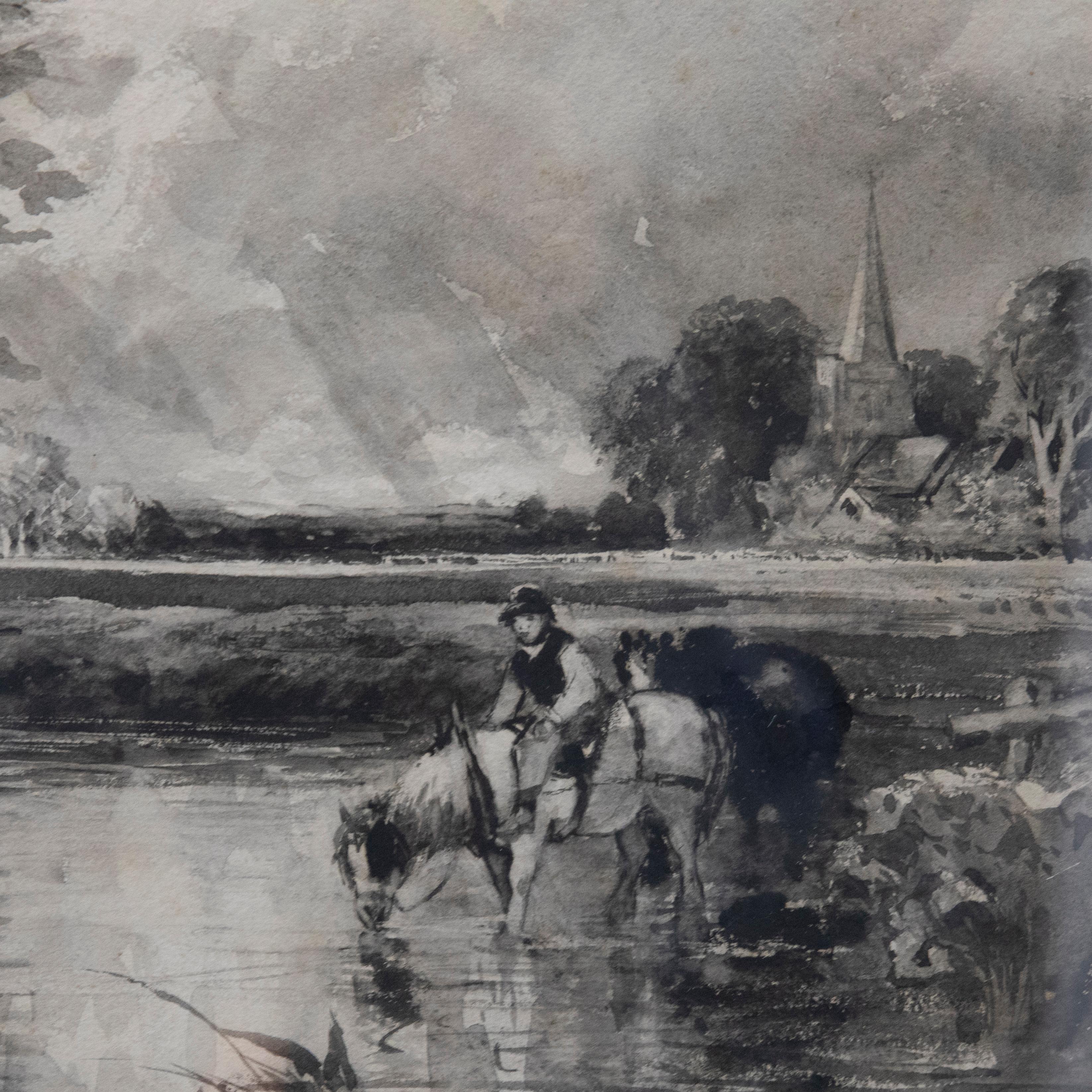 A fine monochrome watercolour after renowned landscape painter John Constable. The scene depicts two horses and a small group of cattle watering in a river with a farmer resting up on horseback. The tonal study has been smartly mounted in a slim