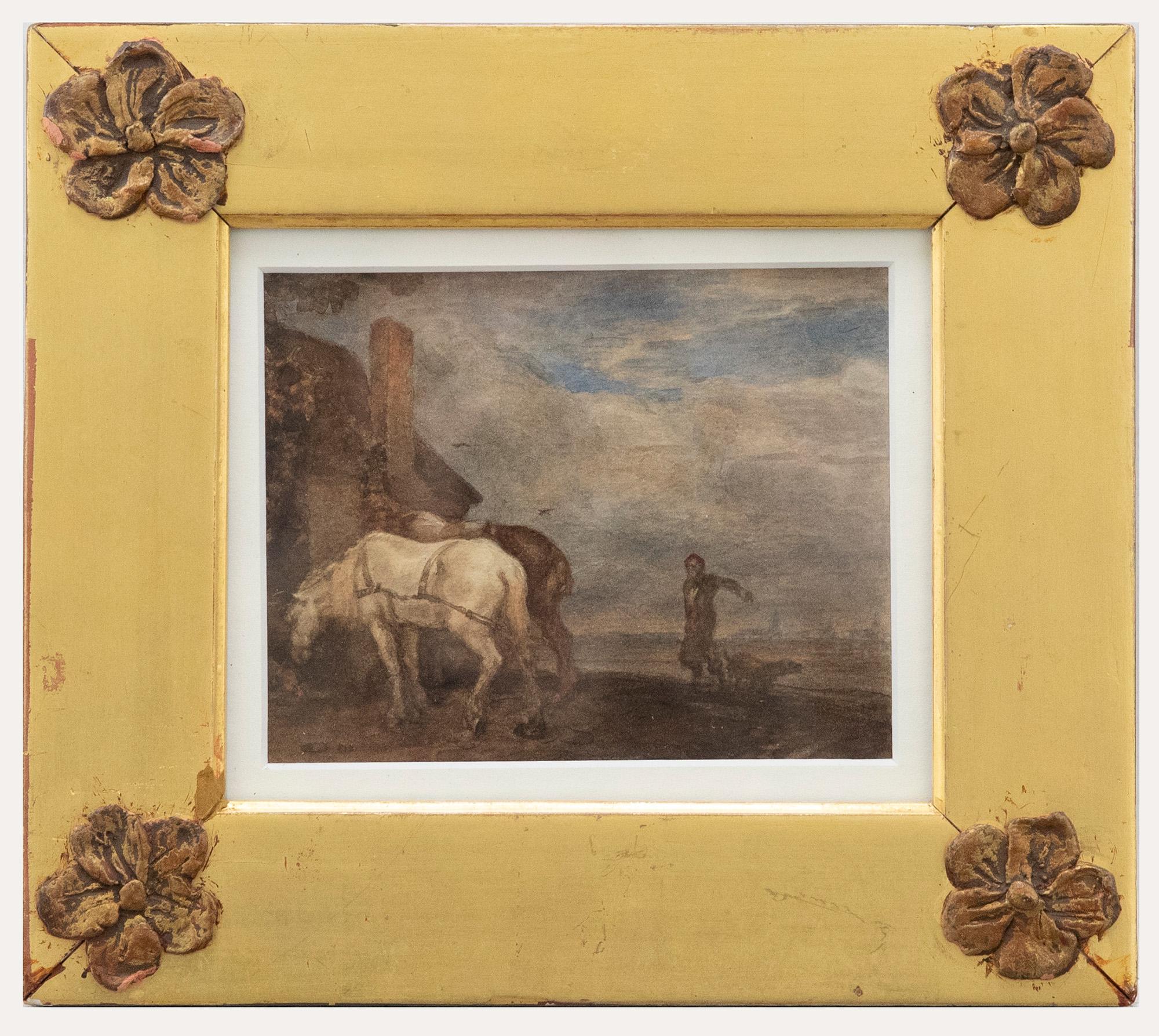 Unknown Landscape Art - Manner of Philips Wouwerman (1619-1668) - Framed Watercolour, Watering Horses