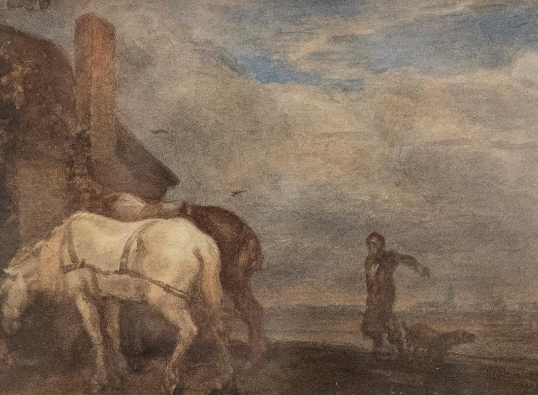 Manner of Philips Wouwerman (1619-1668) - Framed Watercolour, Watering Horses - Art by Unknown