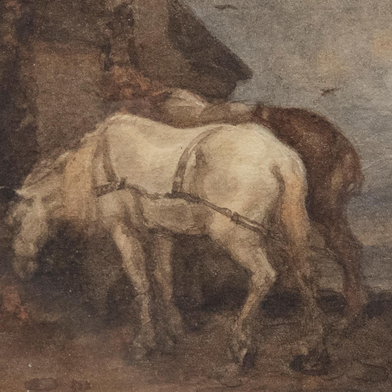 A charming miniature scene in the manner of Dutch artist Philips Wouwerman. The watercolour depicts a single figure fetching a heavy pail of water for two hard working horses. Also noted in the scene is a loyal dog on guard by the figure's side.