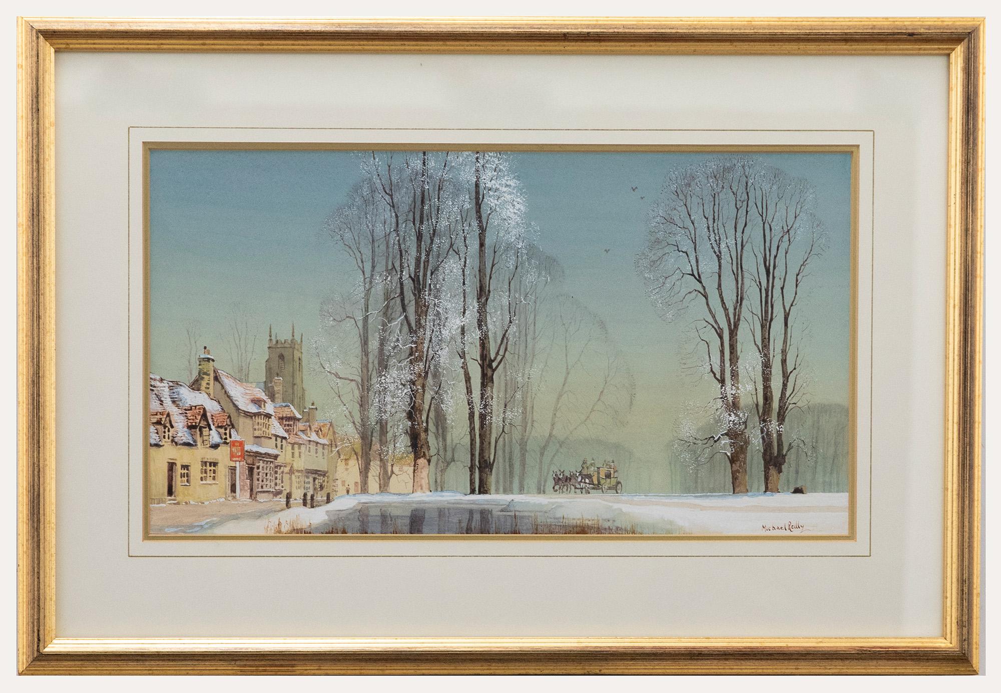 A charming watercolour landscape by Michael Reilly, depicting a driven mail coach arriving at its next stop. The artist has used body colour to carefully depict areas of snow within the winter village scene. Signed by Reilly to the lower right. The