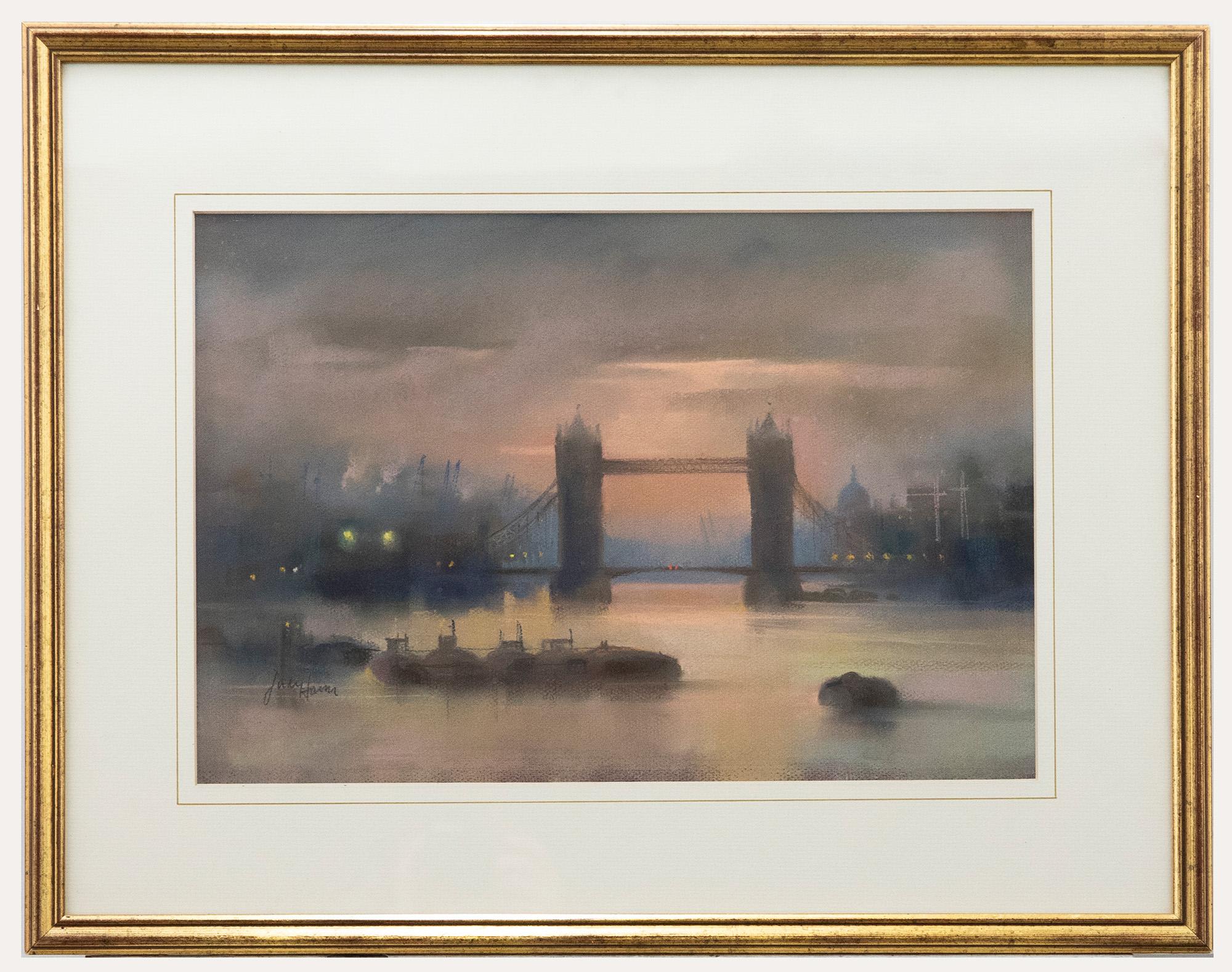 Unknown Landscape Art – Gerahmtes Pastell des 20. Jahrhunderts – Tower Bridge