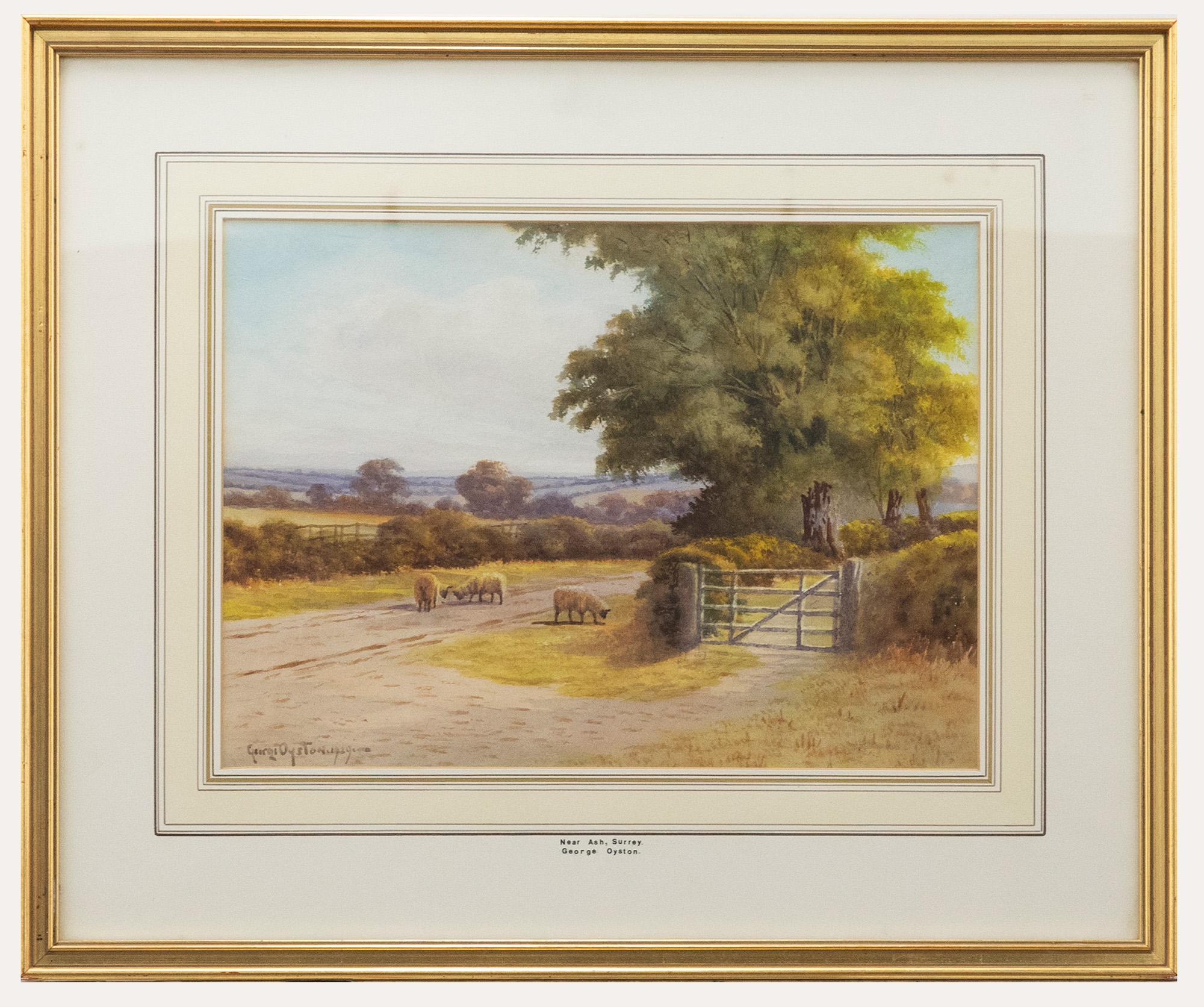 A fine watercolour study of a surrey landscape with sheep grazing grass verges on a quiet country lane. The artist has signed and dated to the lower left and the watercolour has been well presented in a wash-line mount and slim gilt frame. On paper.
