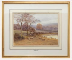 Antique George Oyston (1861-1937) - Framed Watercolour, Sheep Near Wanborough, Surrey
