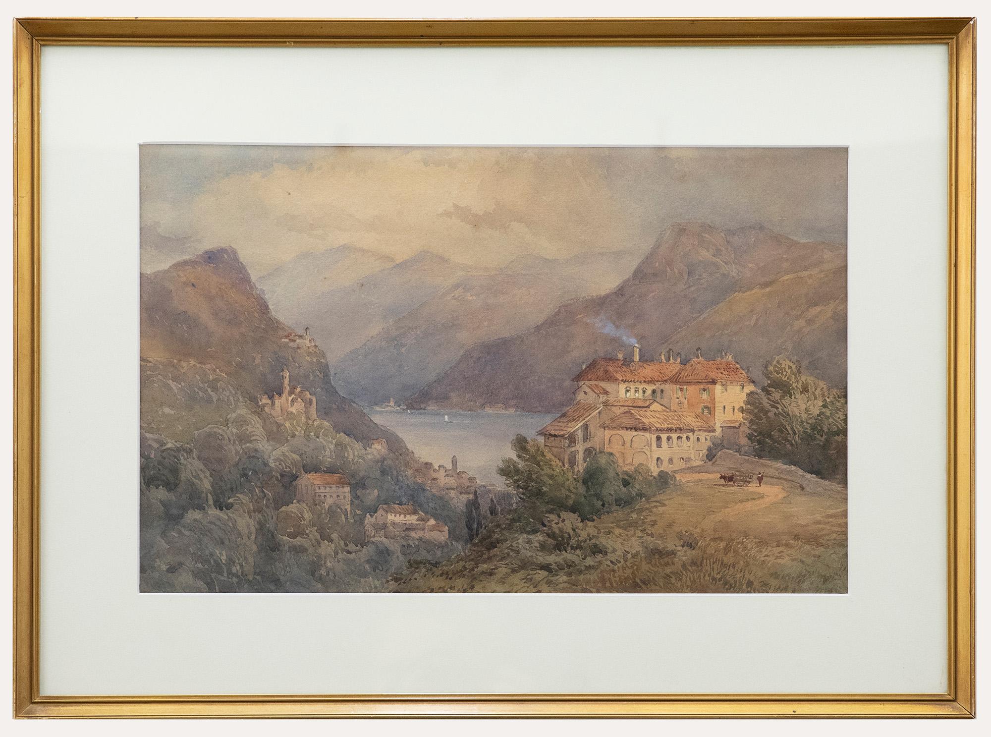 Unknown Landscape Art – Gerahmtes Aquarell des 19. Jahrhunderts – Villa am See, gerahmt