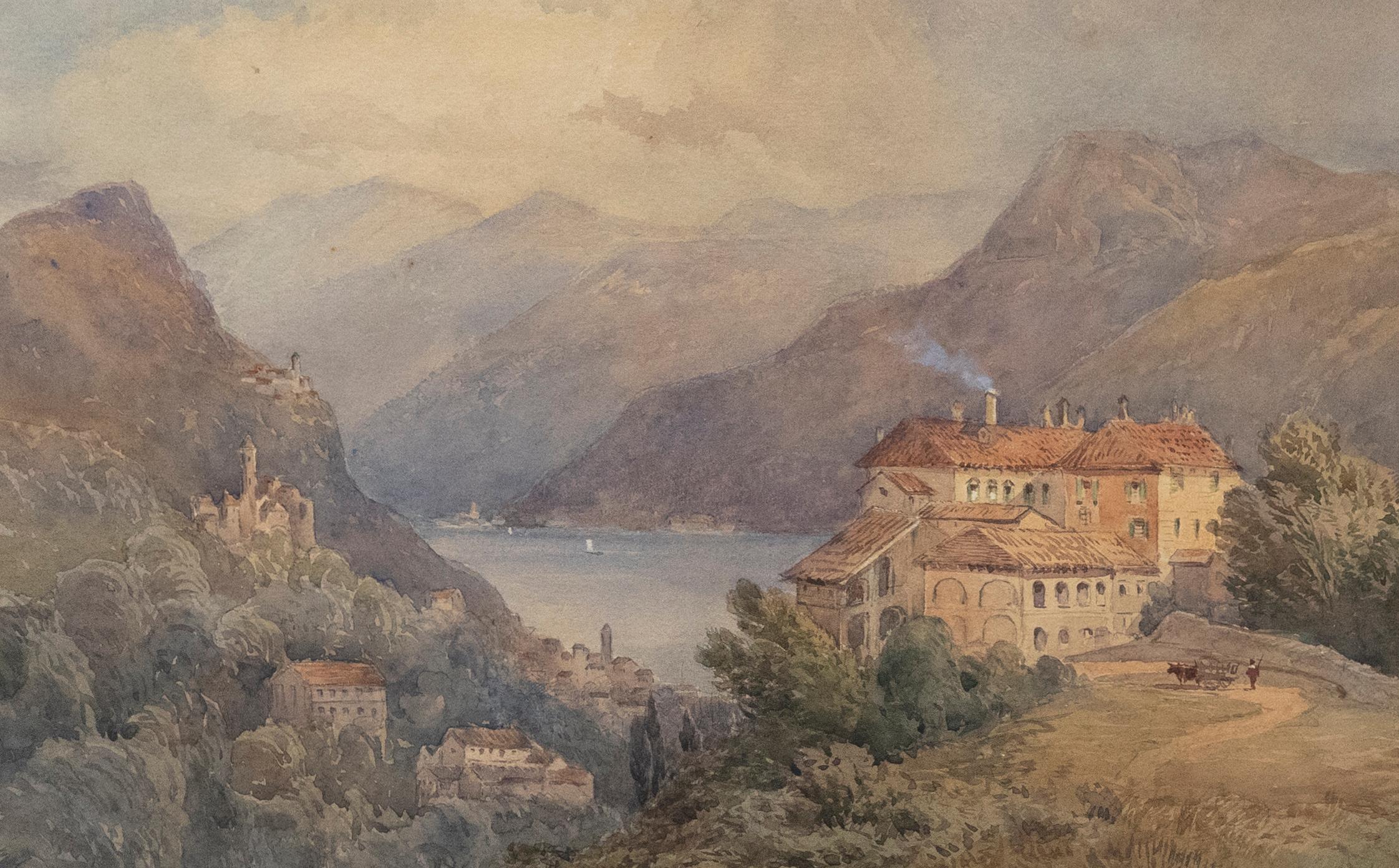Gerahmtes Aquarell des 19. Jahrhunderts – Villa am See, gerahmt – Art von Unknown