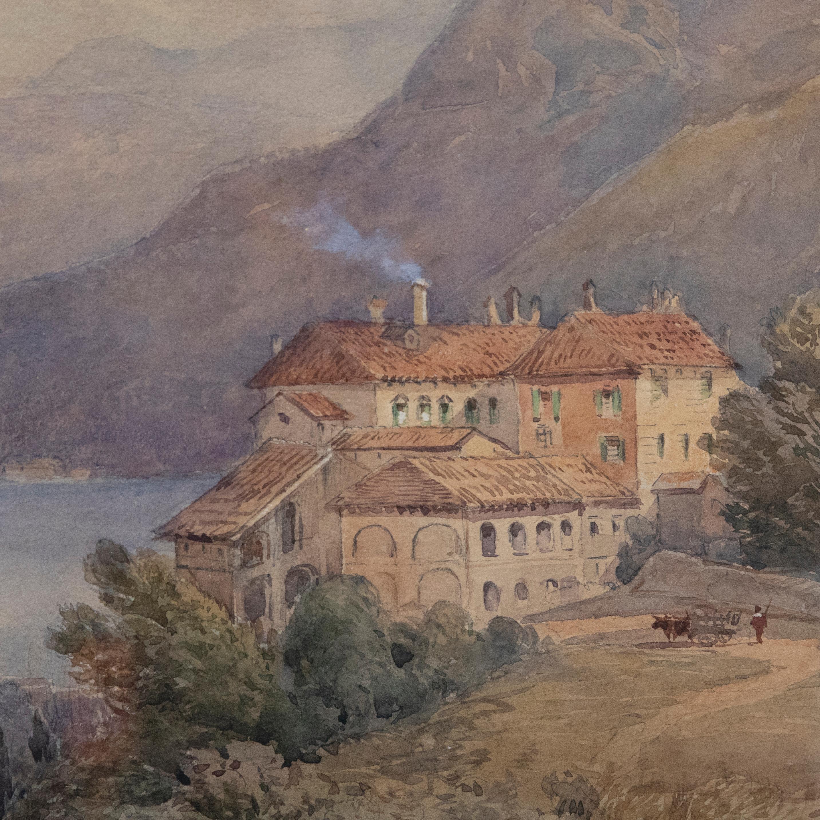 Gerahmtes Aquarell des 19. Jahrhunderts – Villa am See, gerahmt im Angebot 1