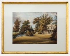 Gerahmtes Aquarell des 19. Jahrhunderts – Kolonial-Landhauses