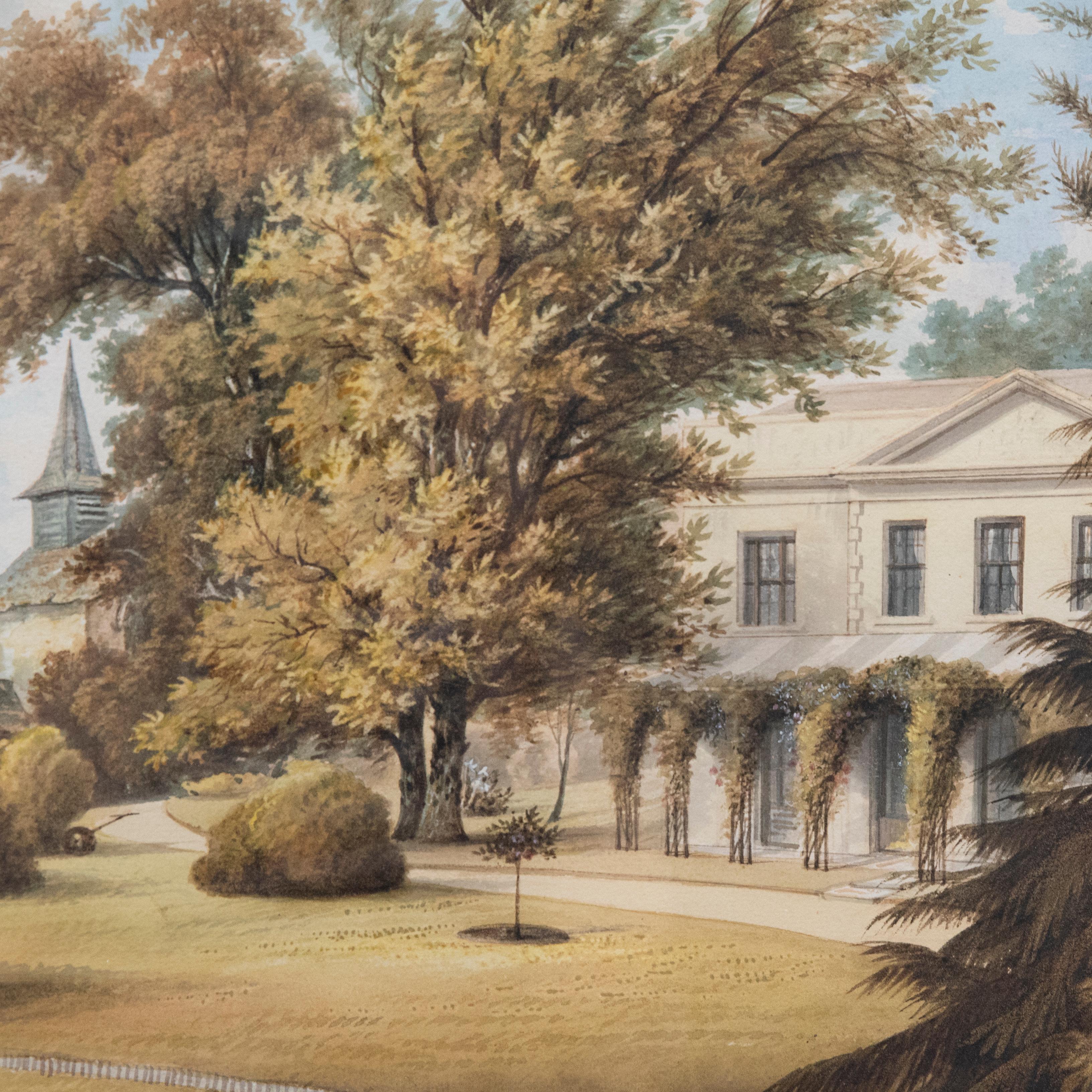 Gerahmtes Aquarell des 19. Jahrhunderts – Kolonial-Landhauses im Angebot 1