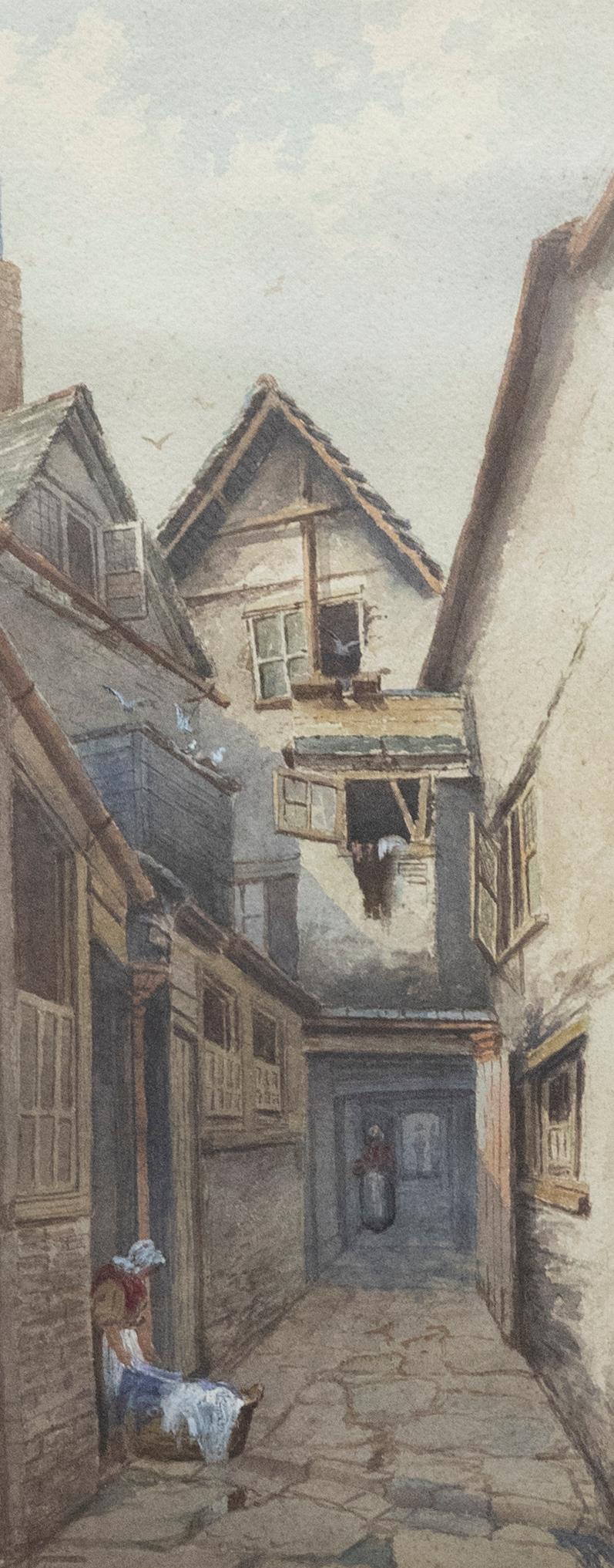 David Skinner - Gerahmtes Aquarell von 1896, Rückseite der Rose & Crown, Plymouth, gerahmt – Art von Unknown