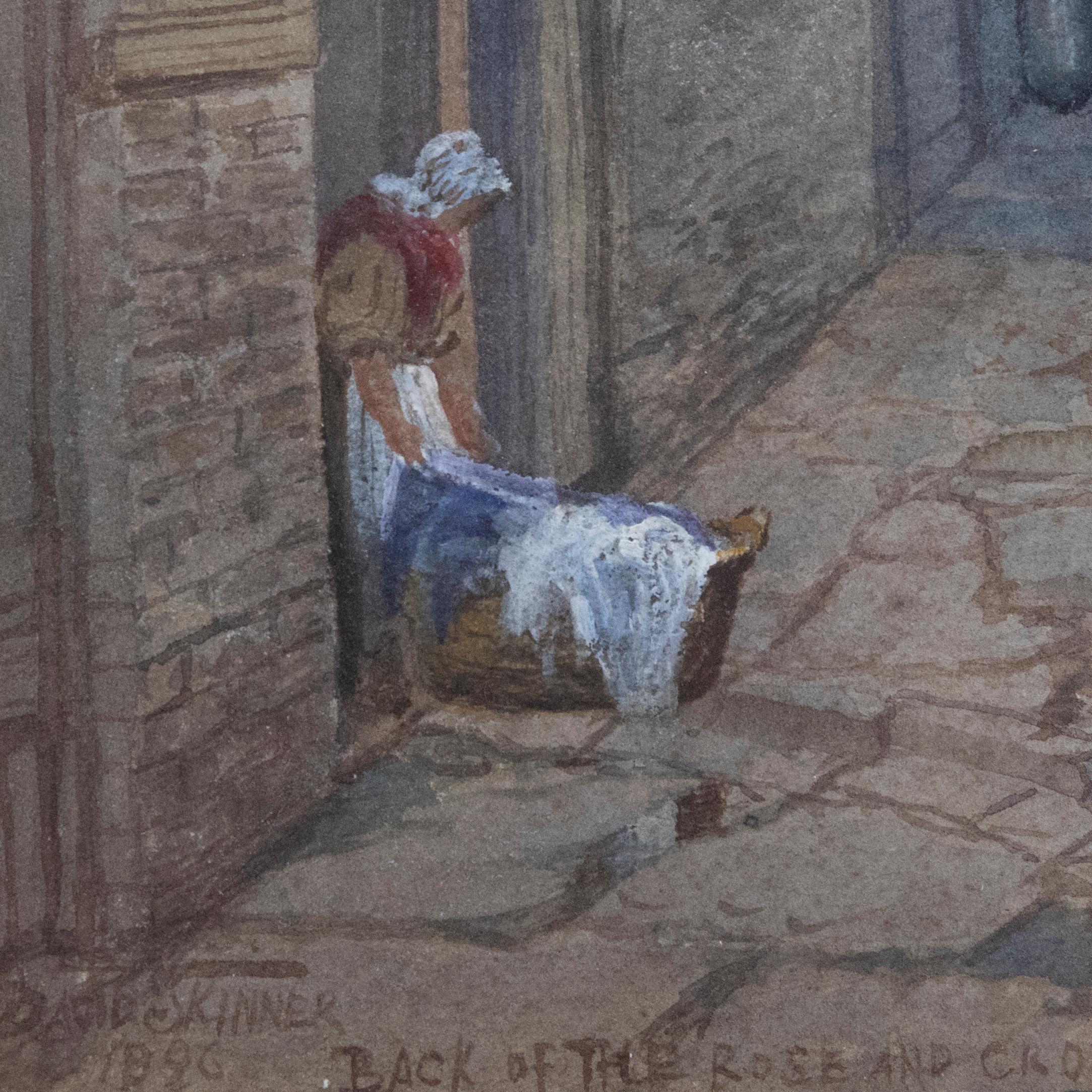 A wonderful late Victorian watercolour capturing the back alley of the Rose & Crown Pub in Plymouth. The watercolour has been well-presented in a gilt wood frame with a wash-line mount. Signed, dated and inscribed by the artist to the lower edge. On