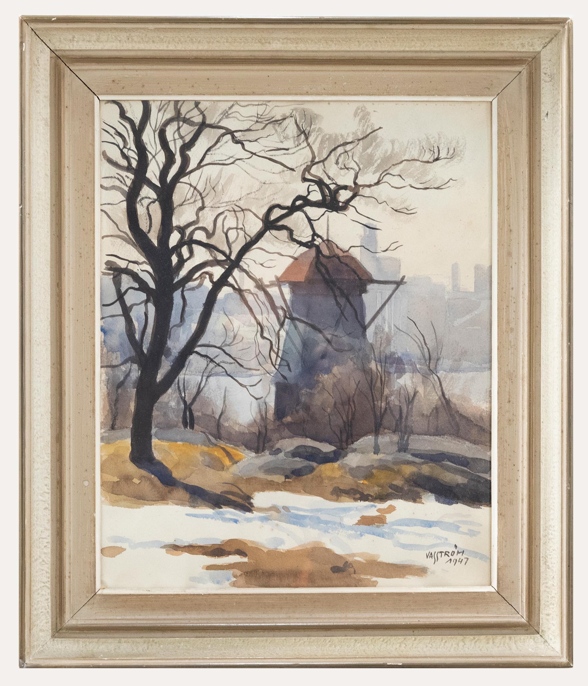 Ein beeindruckendes nordisches Aquarell des Künstlers Eric Vasstrom (1887-1958) aus der Mitte des Jahrhunderts. Die mühelose Art von Vasstroms Arbeiten zeigt seinen talentierten Umgang mit dem Medium, wobei die Farben in dünnen, zarten Schichten