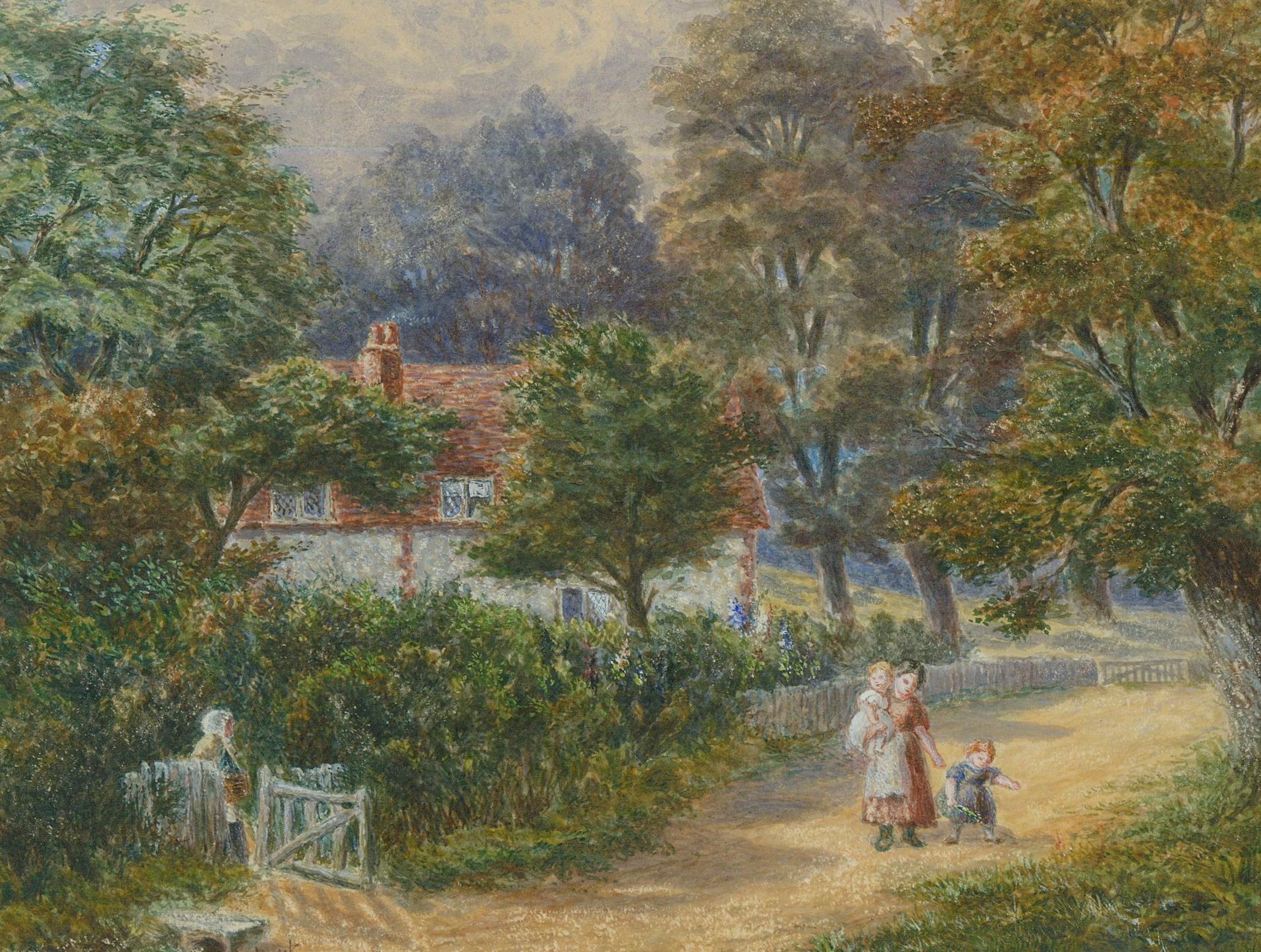 F. G. Longhurst - Acquerello incorniciato della metà del XIX secolo, Passeggiata con i bambini - Art di Unknown