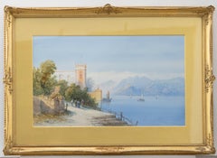 Aquarelle encadrée, scène de lac italienne, Frank Catano (fl.1880-1920)
