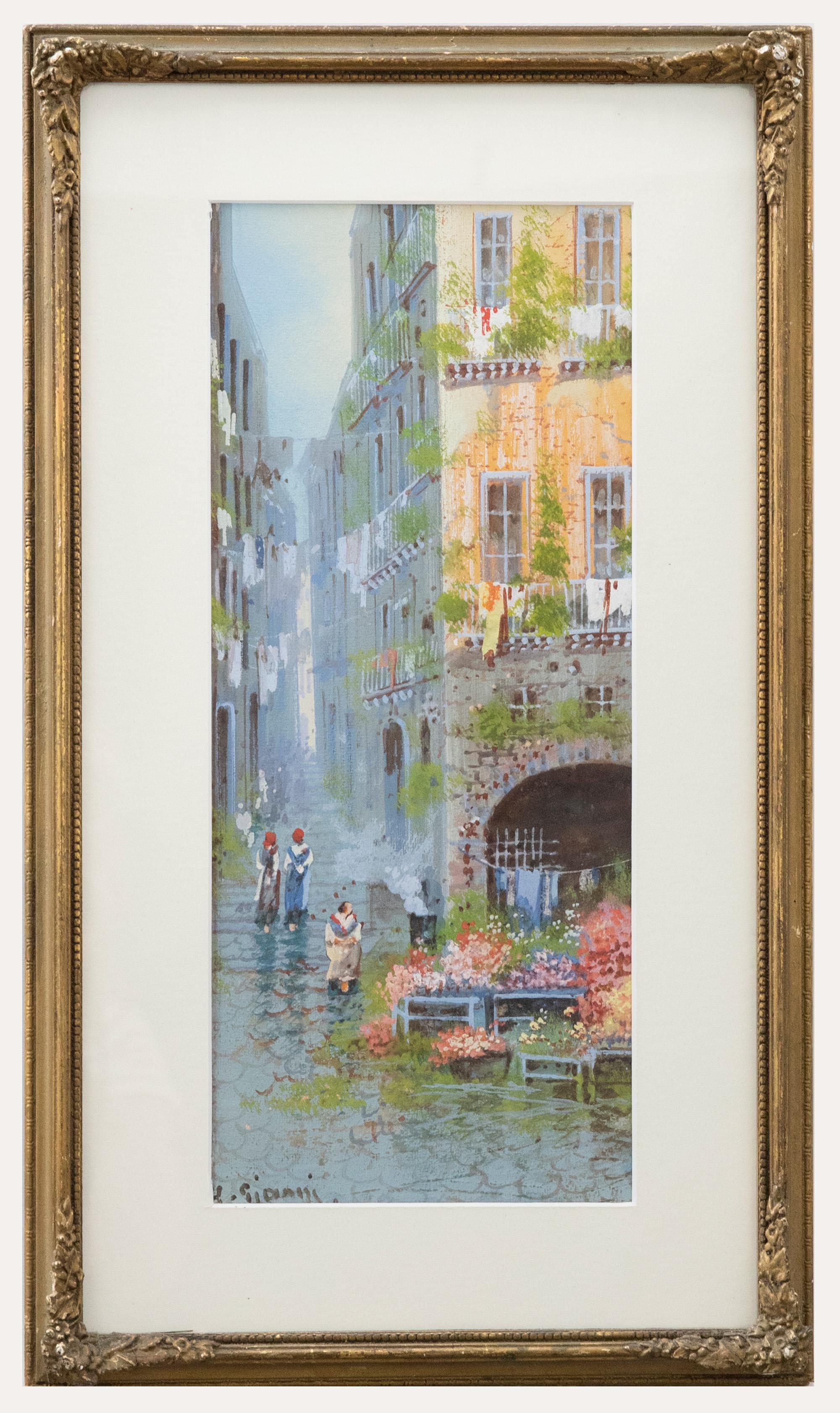  Yves Gianni Landscape Art - Yves Gianni - Framed Early 20th Century Gouache, Venetian Flower Stall