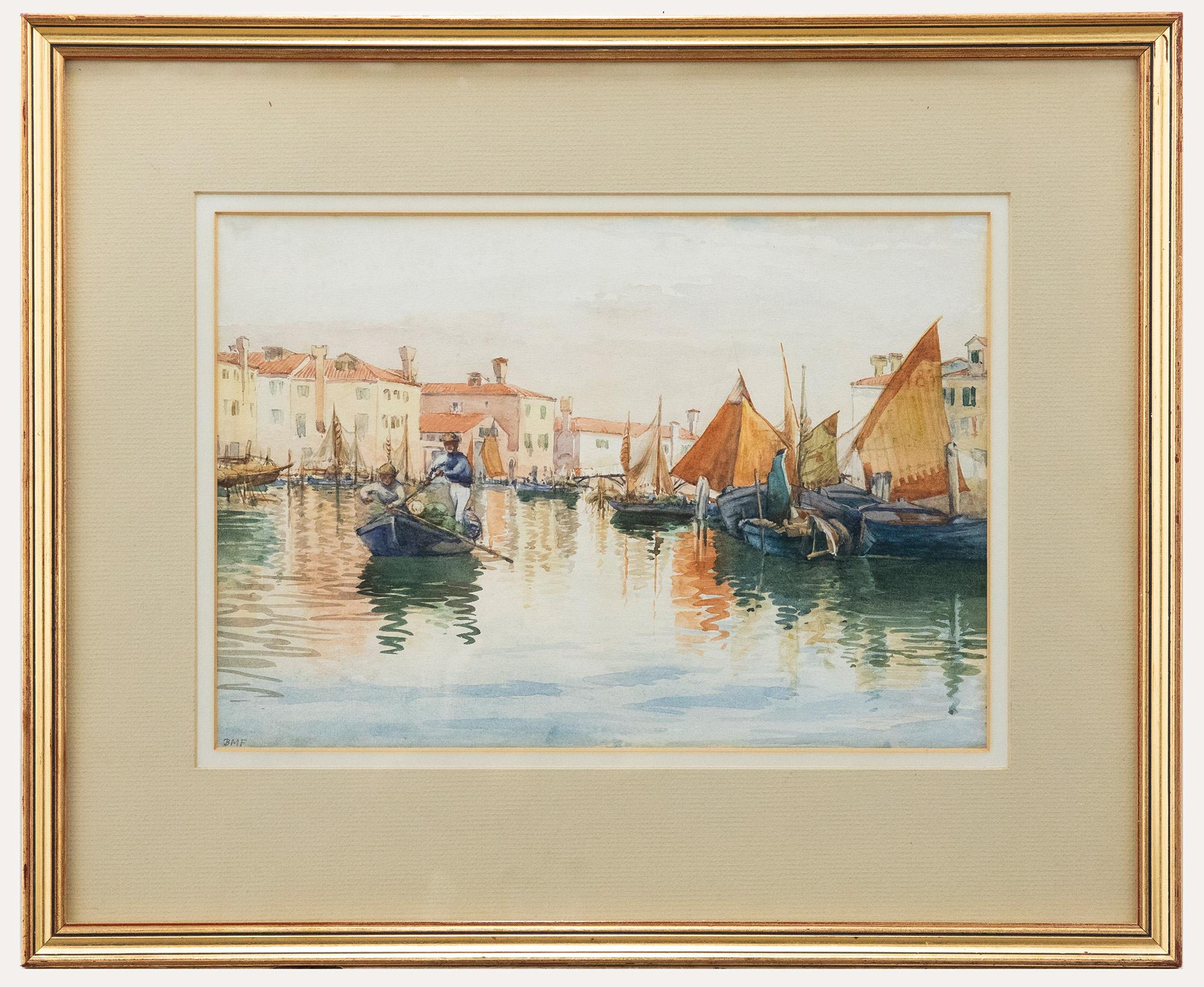 Unknown Landscape Art - B. M. F.  - 20th Century Watercolour, Dusk in Venice