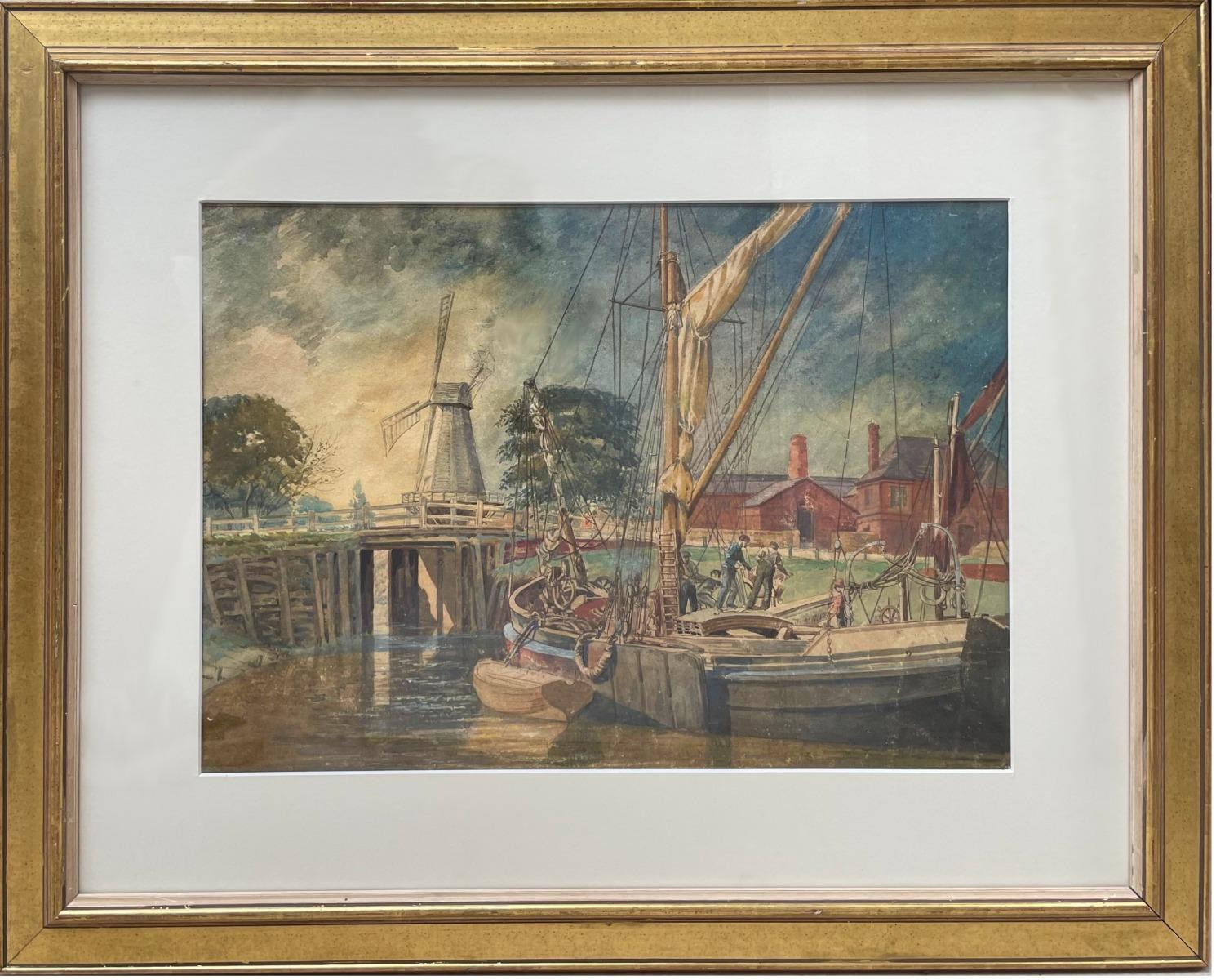 Unknown Landscape Art - Roy Morris (1890-1967) - Framed Watercolour, Gillingham Mill and Thames Barge