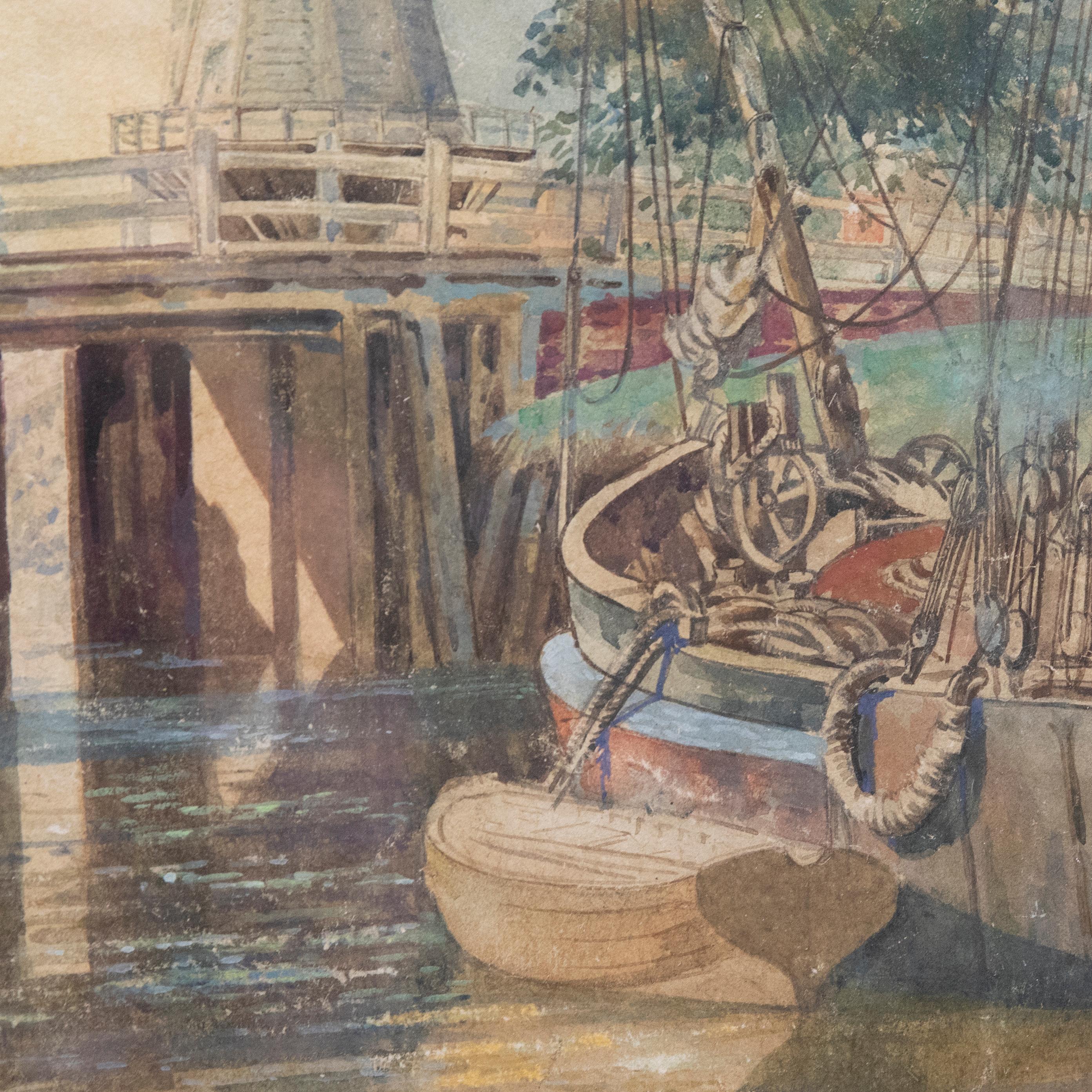 A captivating watercolour painting by British artist Roy Morris (1890-1967). The scene shows a large Thames Barge docked outside Gillingham Mill. The artist has signed and inscribed to the reverse of the painting, and the scene has been well