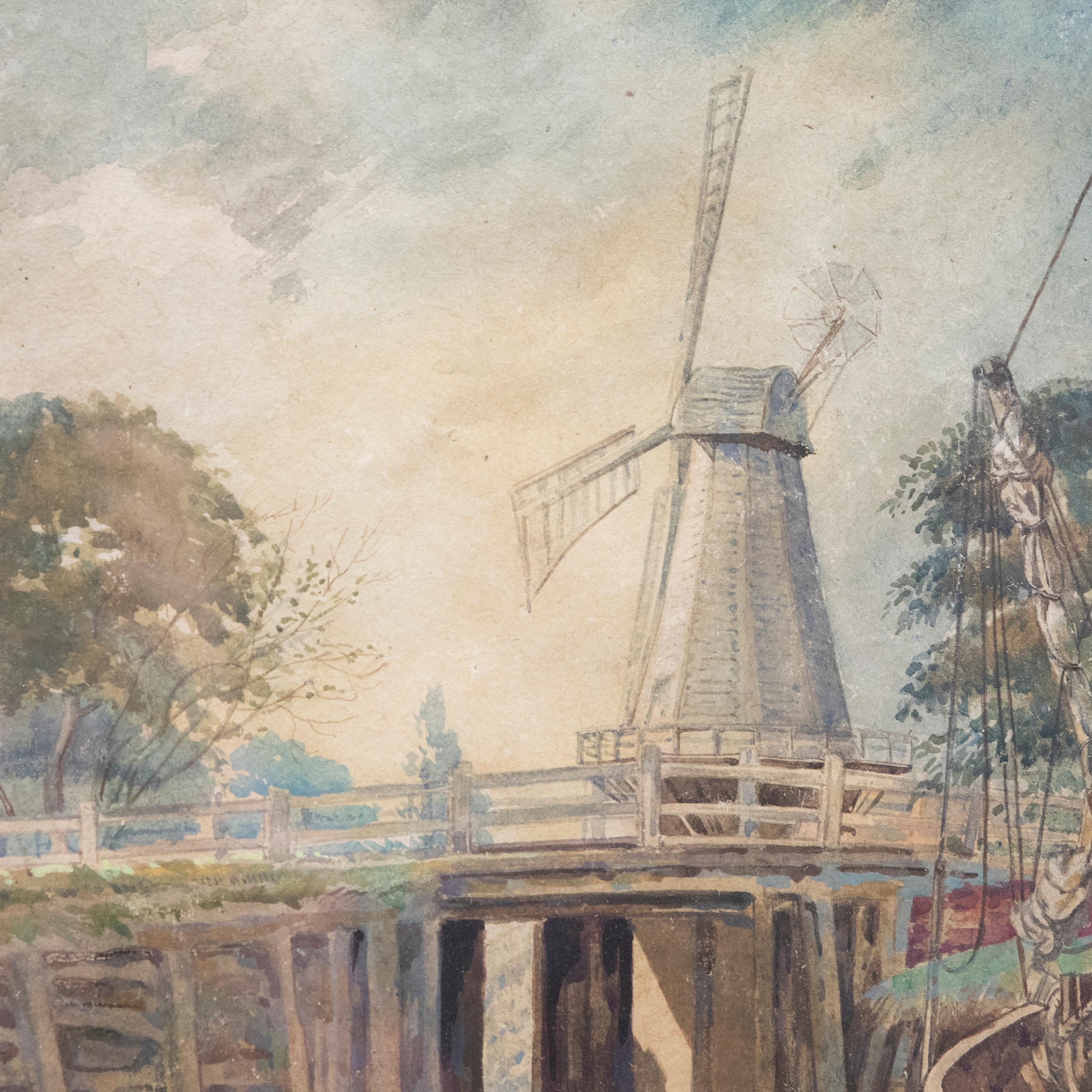 Roy Morris (1890-1967) - Framed Watercolour, Gillingham Mill and Thames Barge For Sale 1