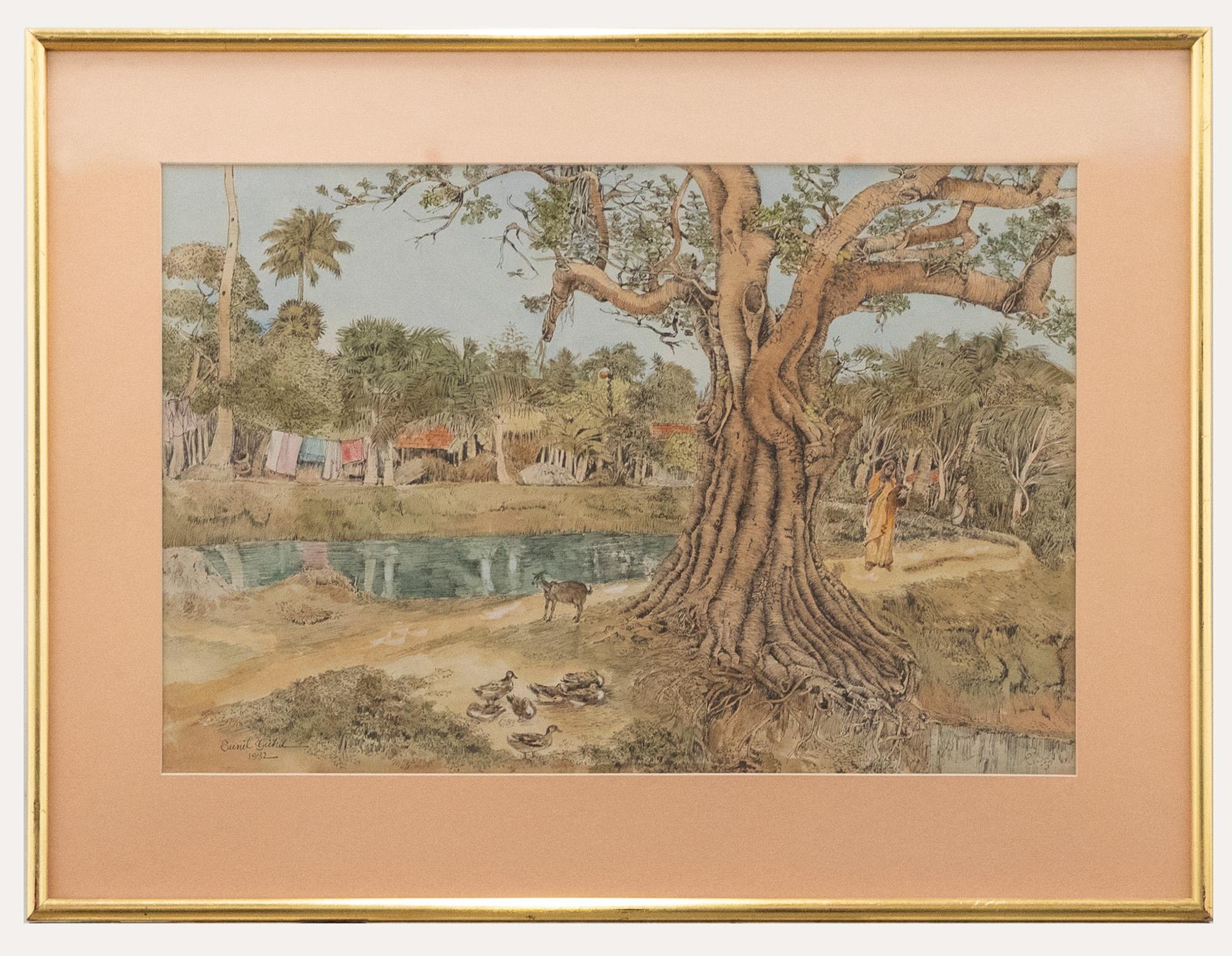 A wonderful pen and ink drawing with watercolour wash by the artist Sunil Guha. Presented in a simple gilt effect frame. Signed and dated. On paper.
