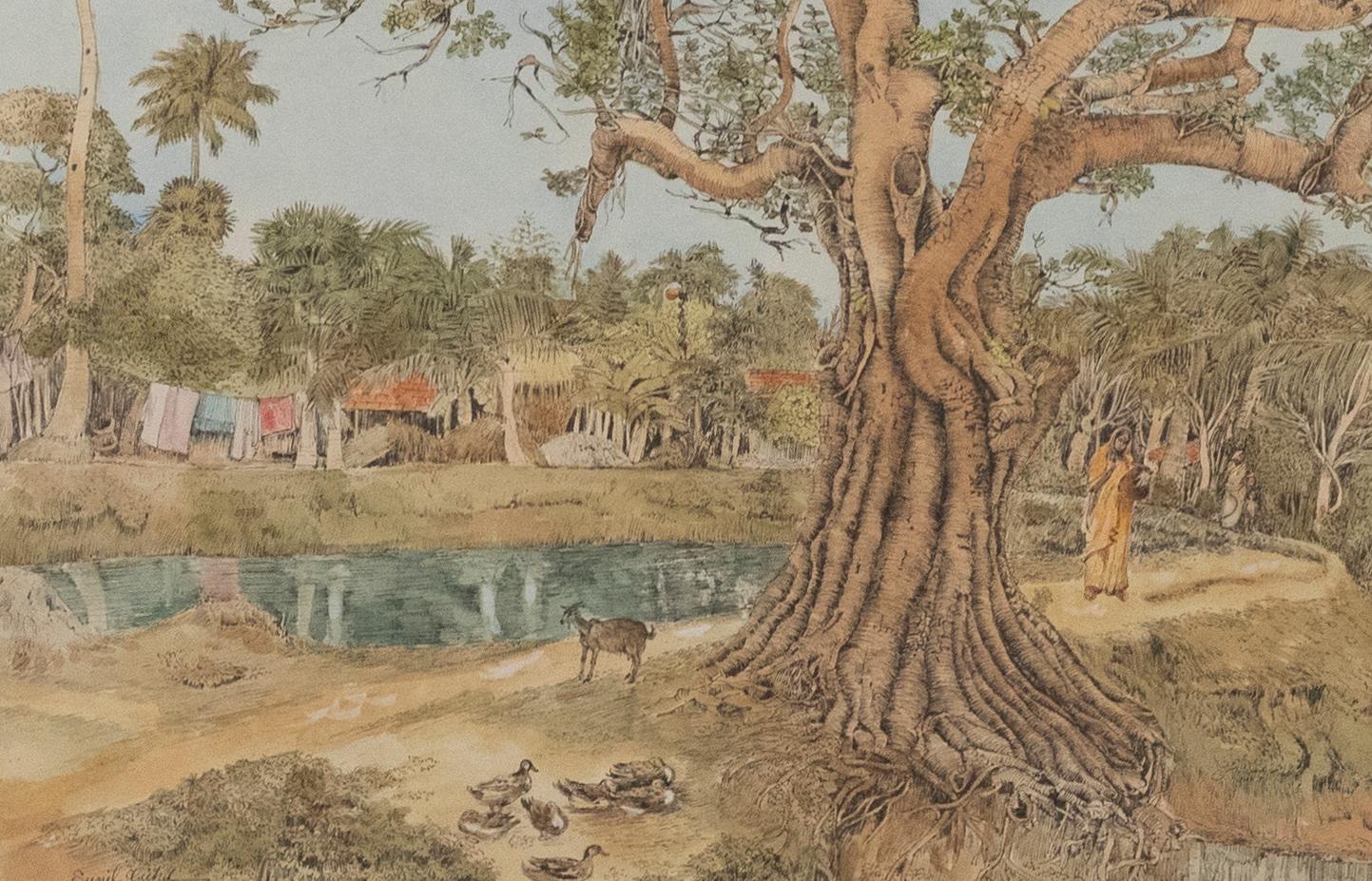 Sunil Guha - 1982 Disegno a penna e inchiostro, scena di villaggio indiano in vendita 1