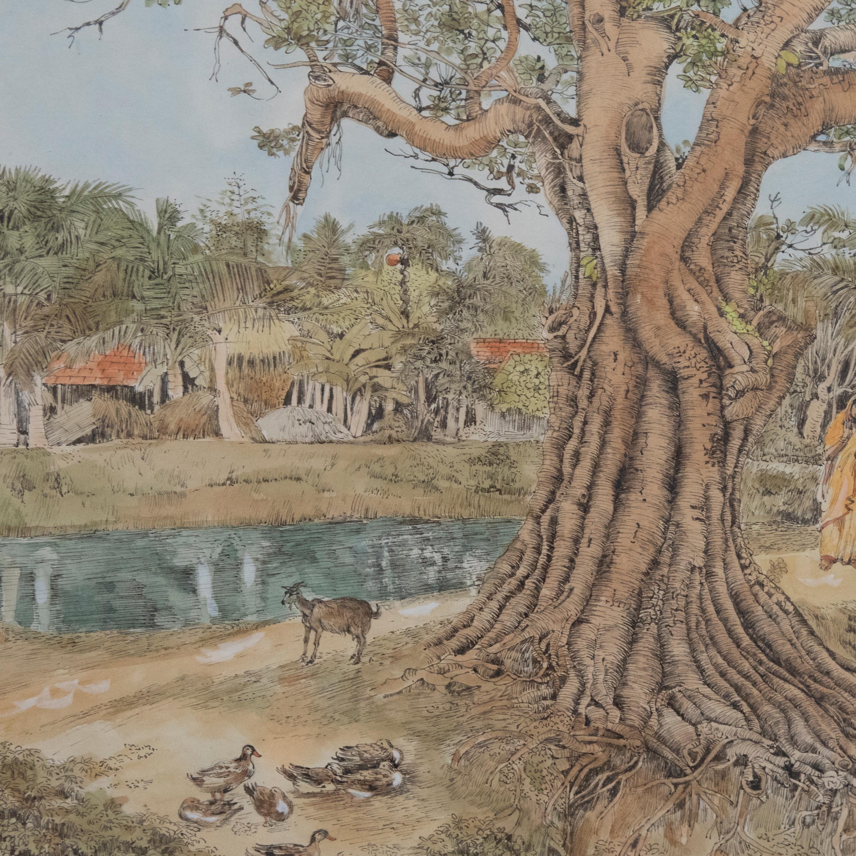 Sunil Guha - 1982 Pen and Ink Drawing, Indian Village Scene For Sale 3