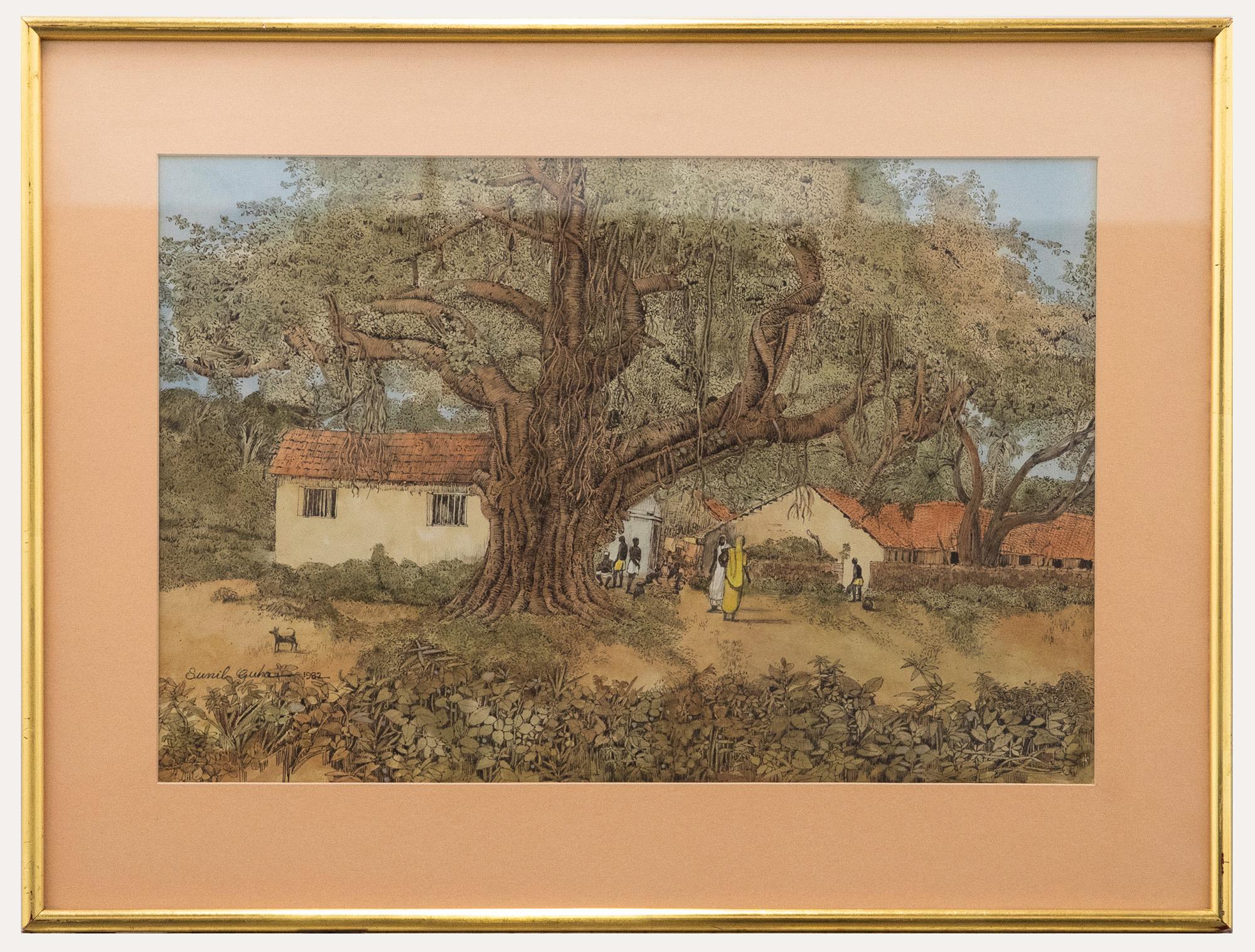 A wonderful pen and ink drawing with watercolour wash by the artist Sunil Guha depicting a small Indian village with a large tree. Well presented in a gilt effect frame. Signed and dated. On paper.
