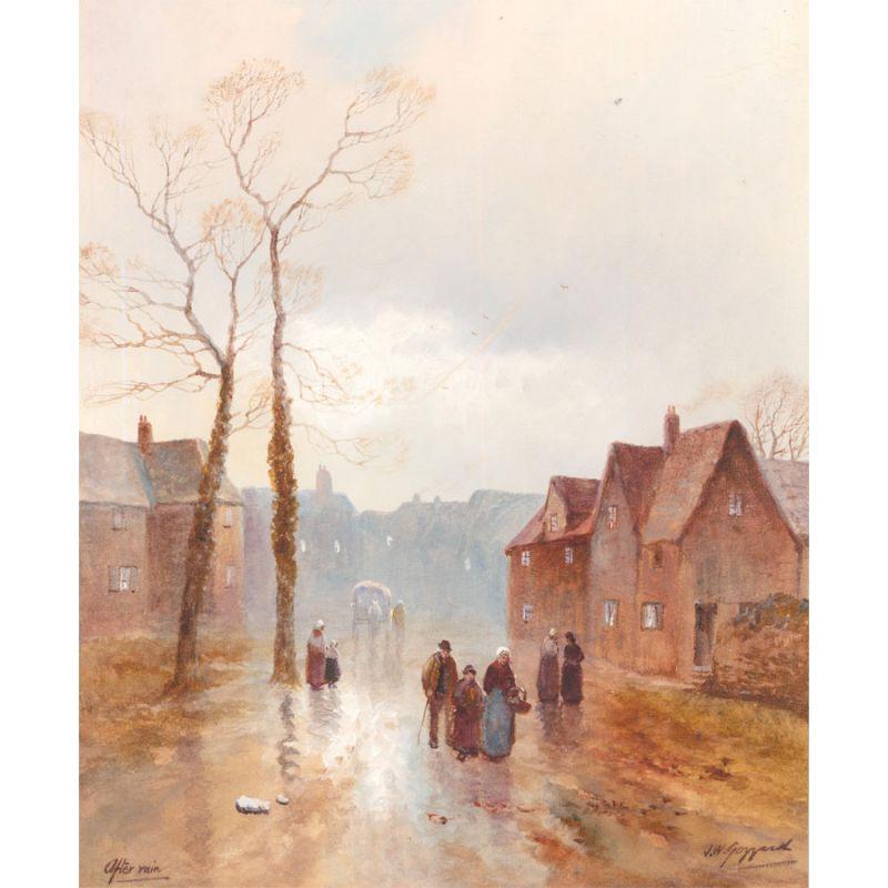 A charming watercolour scene depicting villagers wondering a street after a heavy rainfall. Signed and titled to the lower border. On paper laid to card .
