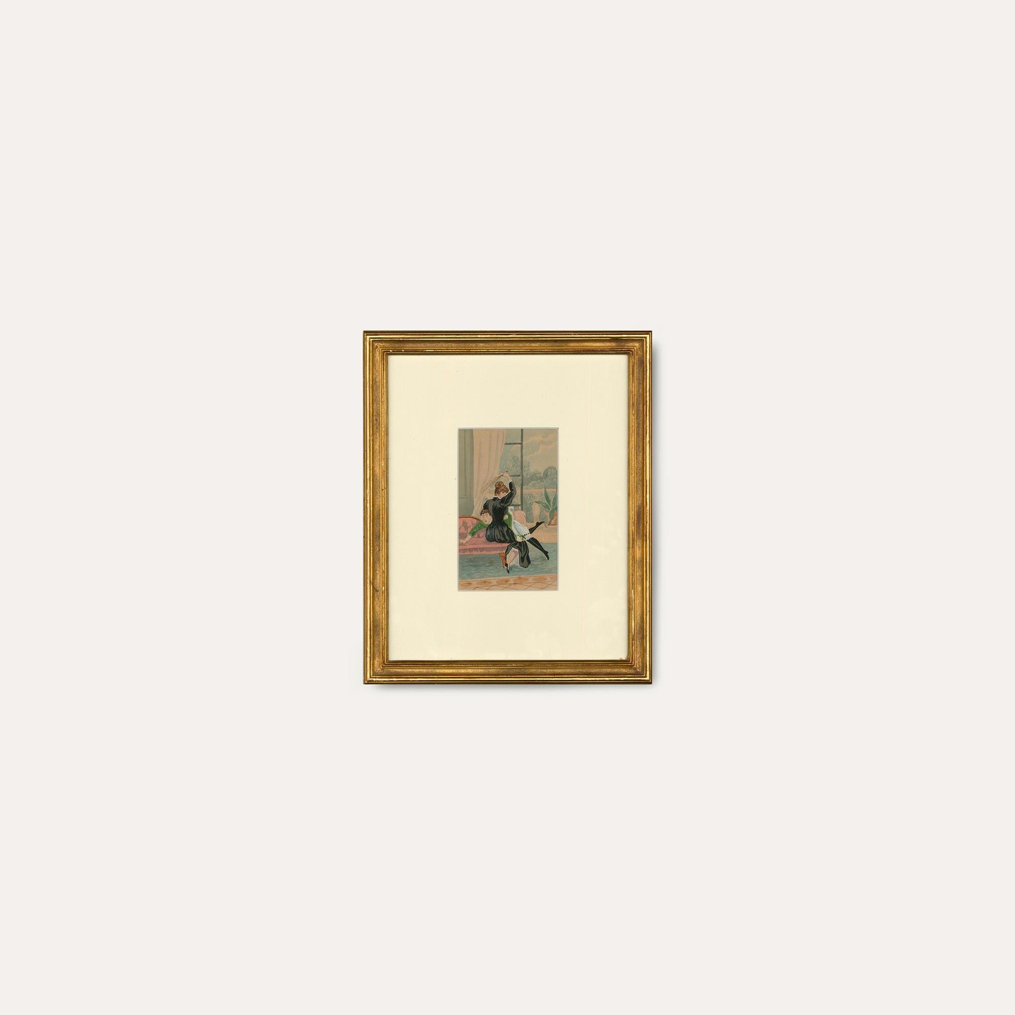 Scène érotique à l'aquarelle du début du 20e siècle. Non signée. Présenté dans un cadre doré et un support en carton blanc. Sur le papier.

