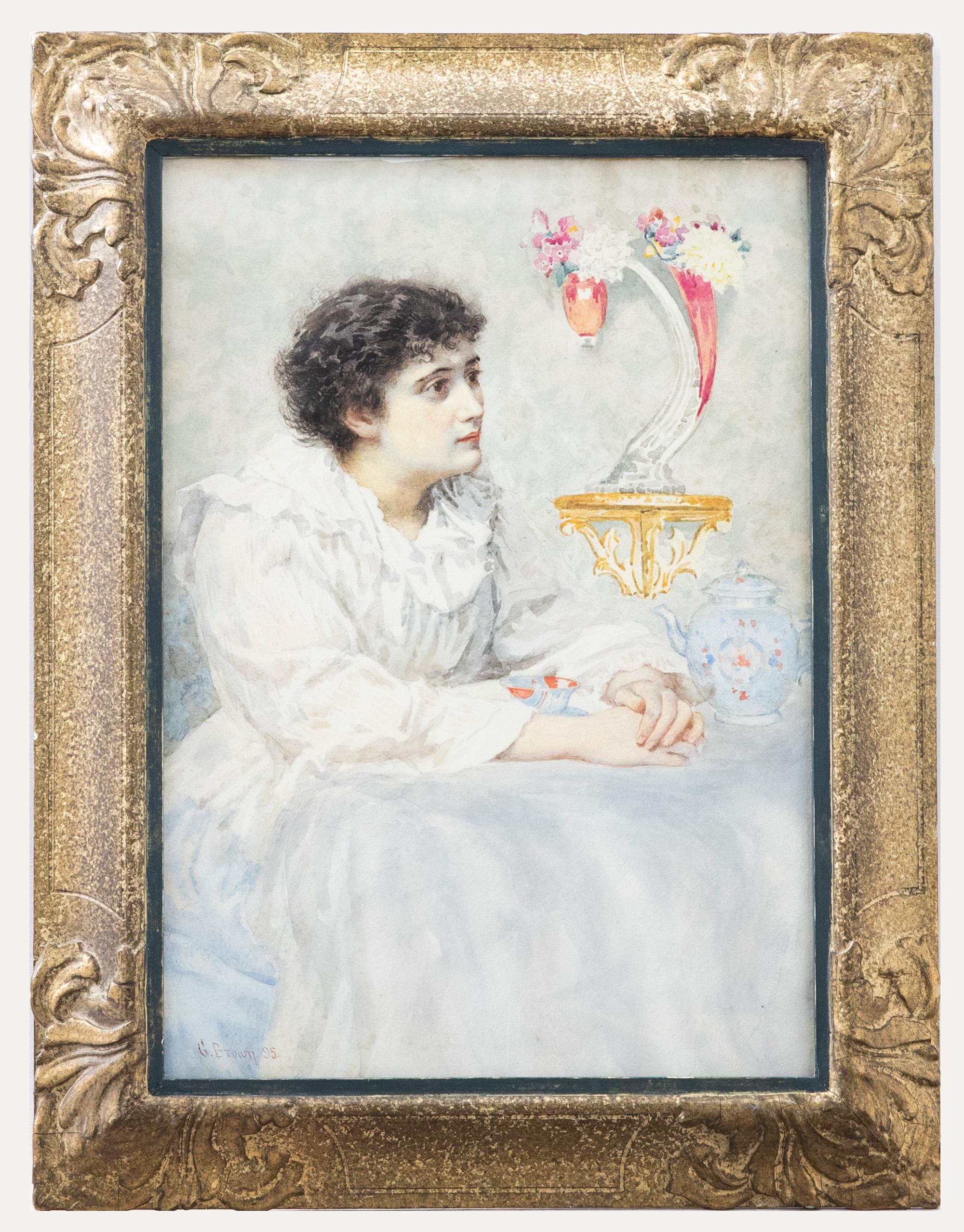 Unknown Portrait - G. Brown - Framed 1895 Watercolour, Young Lady Drinking Tea