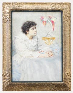 G. Brown - Framed 1895 Watercolour, Young Lady Drinking Tea