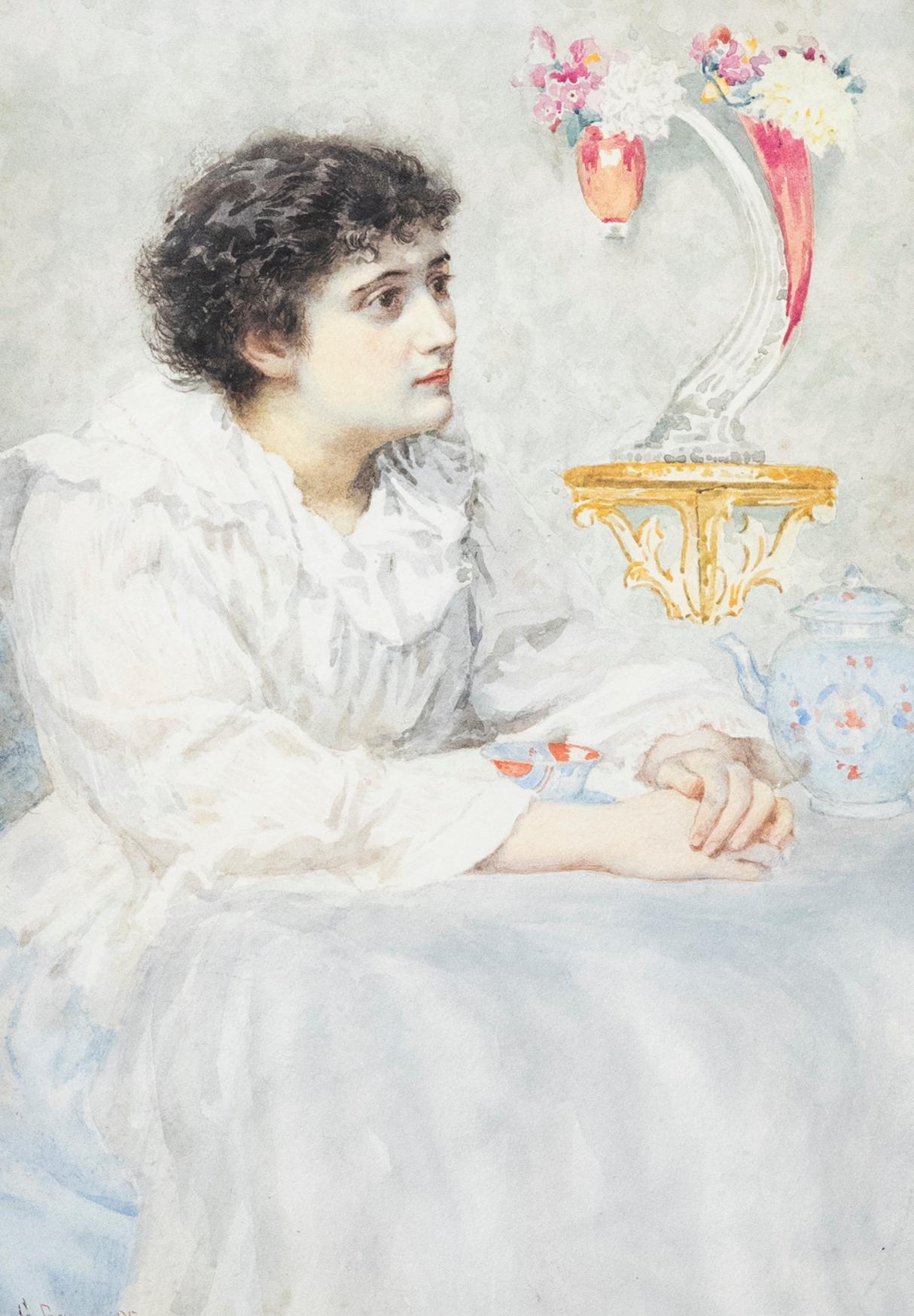 G. Brown - Framed 1895 Watercolour, Young Lady Drinking Tea - Art by Unknown