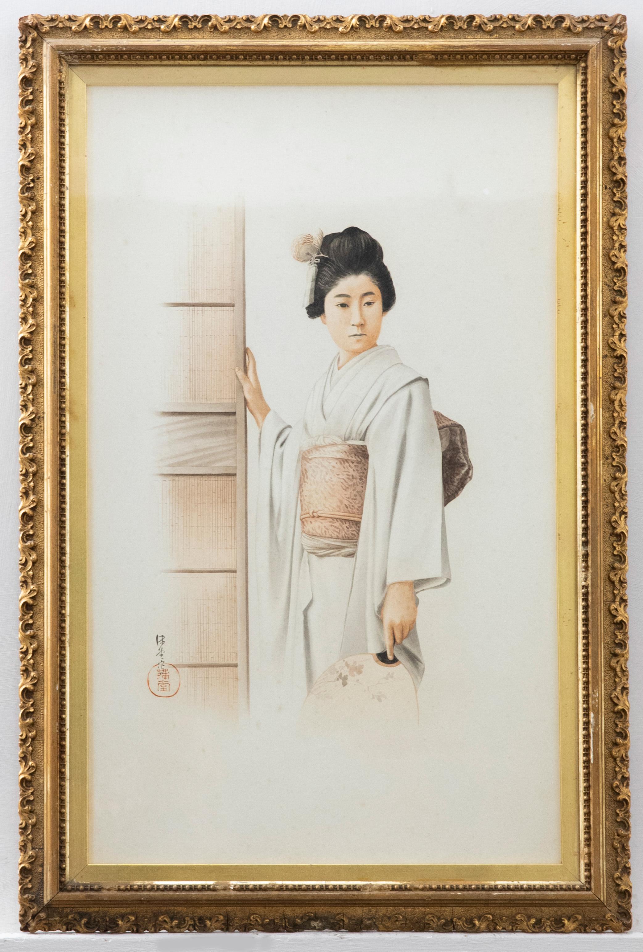Unknown Portrait – Gerahmtes Aquarell des 20. Jahrhunderts – Porträt einer japanischen Dame