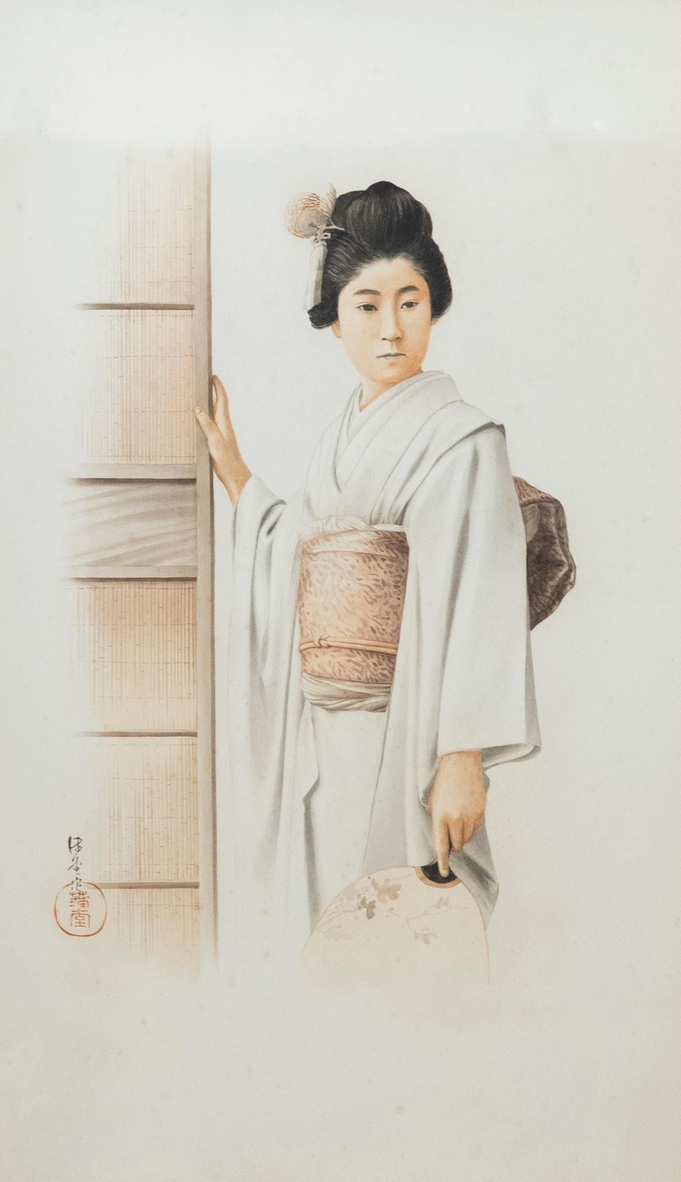 Gerahmtes Aquarell des 20. Jahrhunderts – Porträt einer japanischen Dame – Art von Unknown