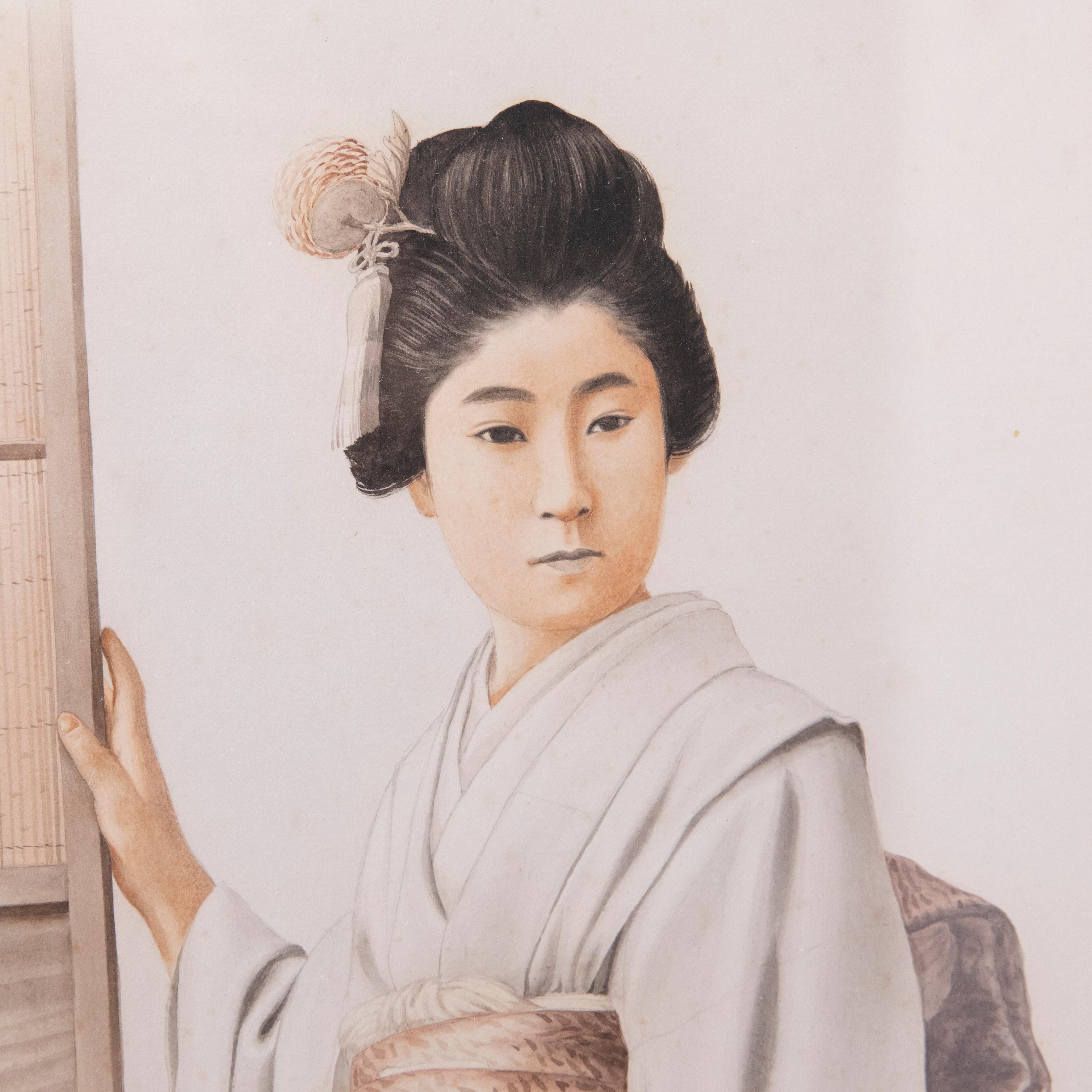 Gerahmtes Aquarell des 20. Jahrhunderts – Porträt einer japanischen Dame im Angebot 1